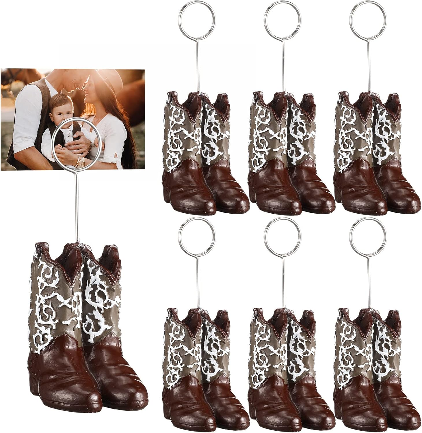 Tatuo 6 Pcs Cowboy Boots Table Number Holders Cute Photo Balloon Place Card Holder Cute Table Number Stands Picture Menu Memo Clips for Food Signs Party Wedding Anniversary Decorations (Dark Brown)