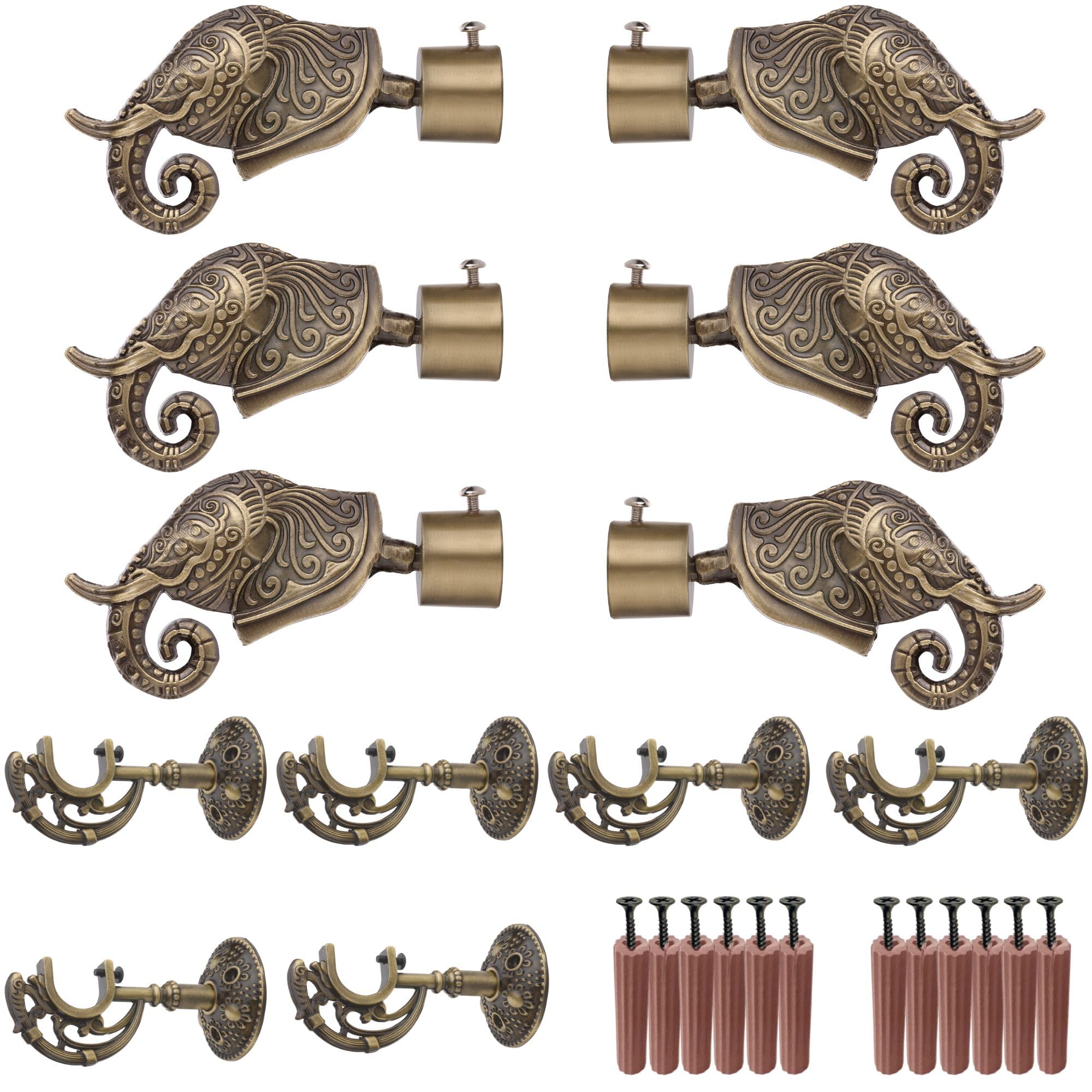GRIVAN Aluminium Antique Finish Curtain Bracket Parda Holder with Support 1 Inch Rod Pocket Finials Designer Door and Window Curtain Support Fittings Holder (Elephant Bracket+ Rod Support Pair of 3)-image-46