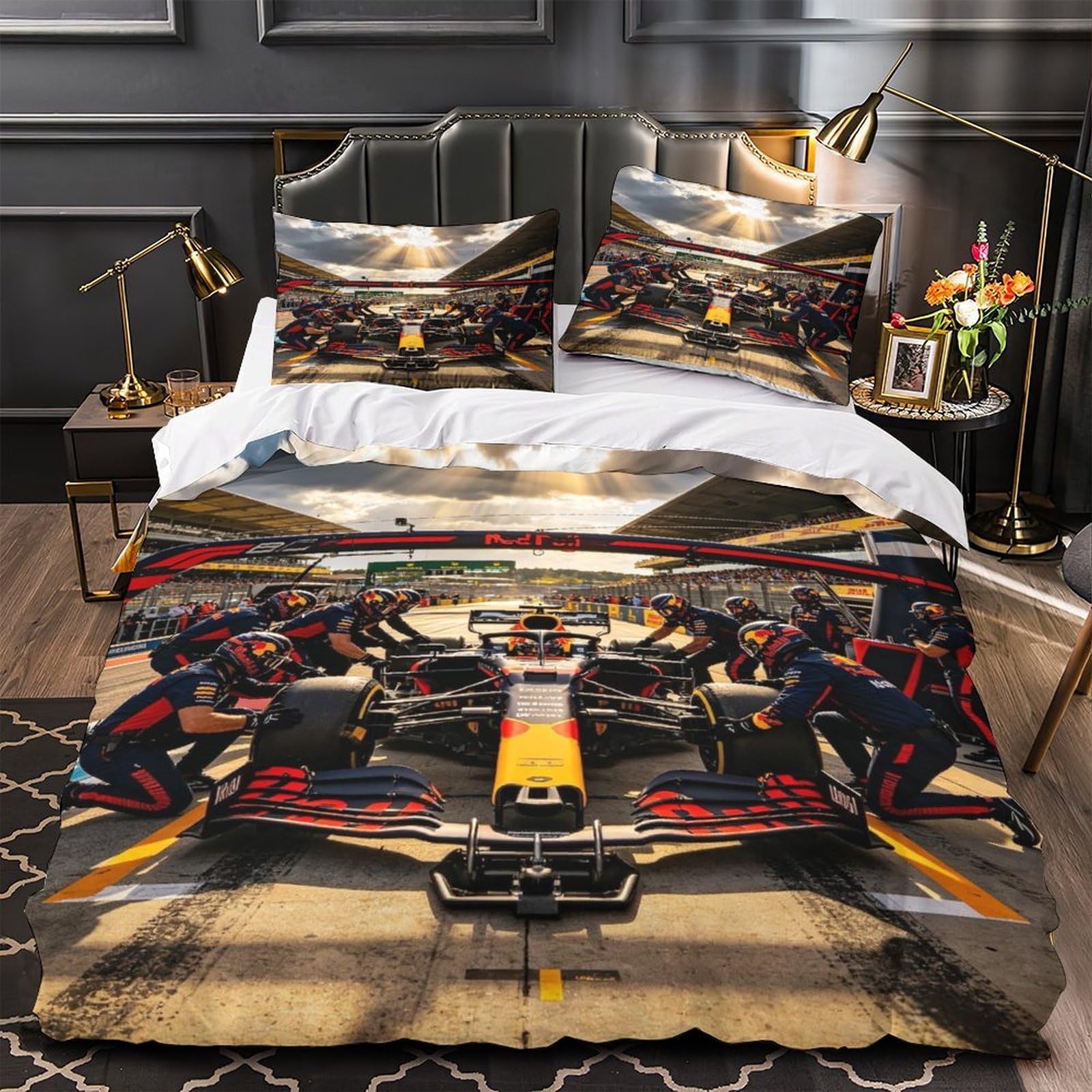 DAFUfbw Warmth Formulaa Racing Duvet Cover Super King（260x220cm）, All Season Decorative Pit Stop Quilt Cover with Pillowcases, Bedding Set Soft Pit Stop Comforter