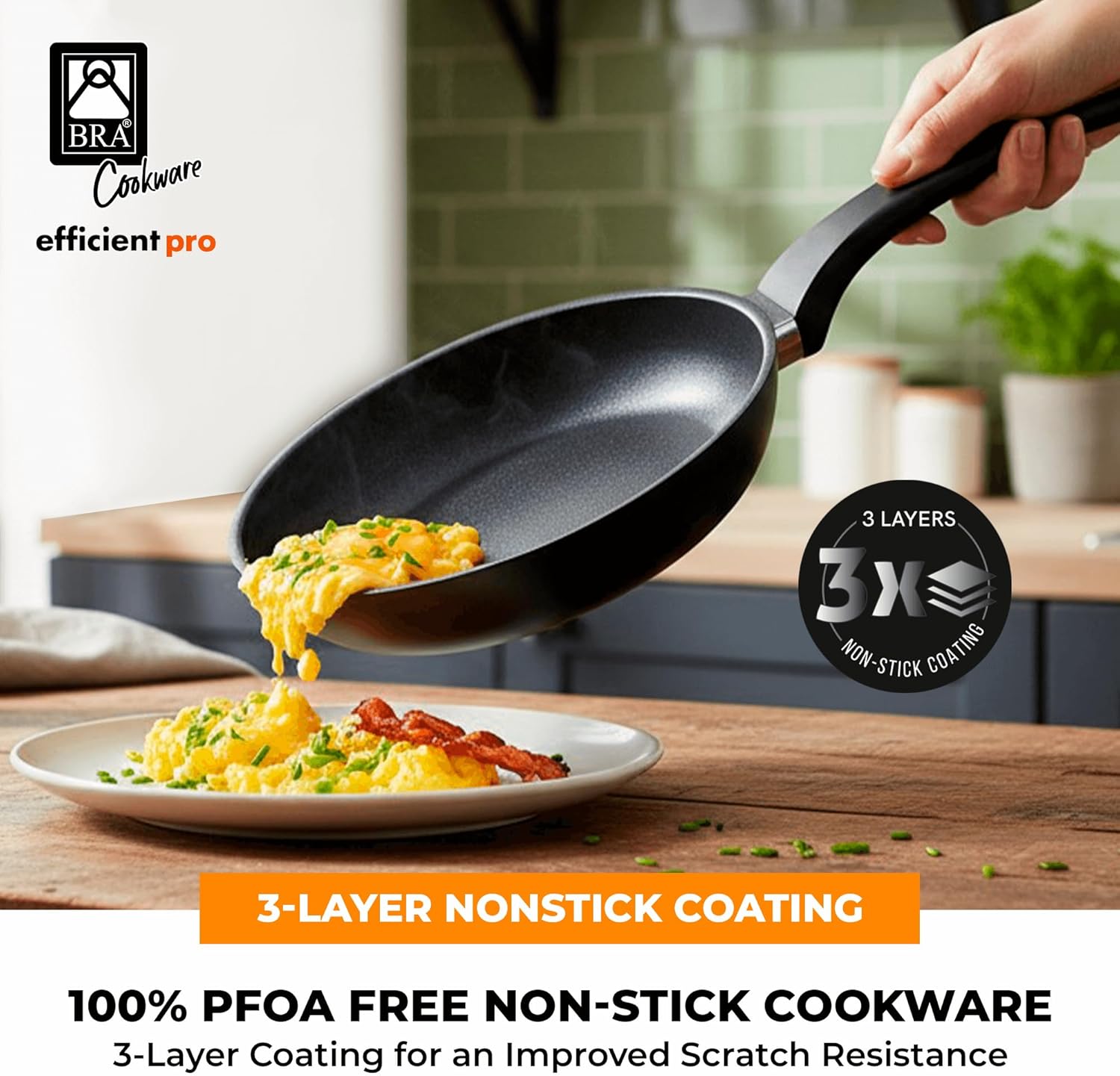 BRA COOKWARE Efficient Pro Nonstick Frying Pan | 11.8 inches Cast Aluminum Skillet | 3-Layer Scratch Resistant Coating Frypan | PFOA Free | All Cooktops Frying Skillet | Heat-Resistant Handle