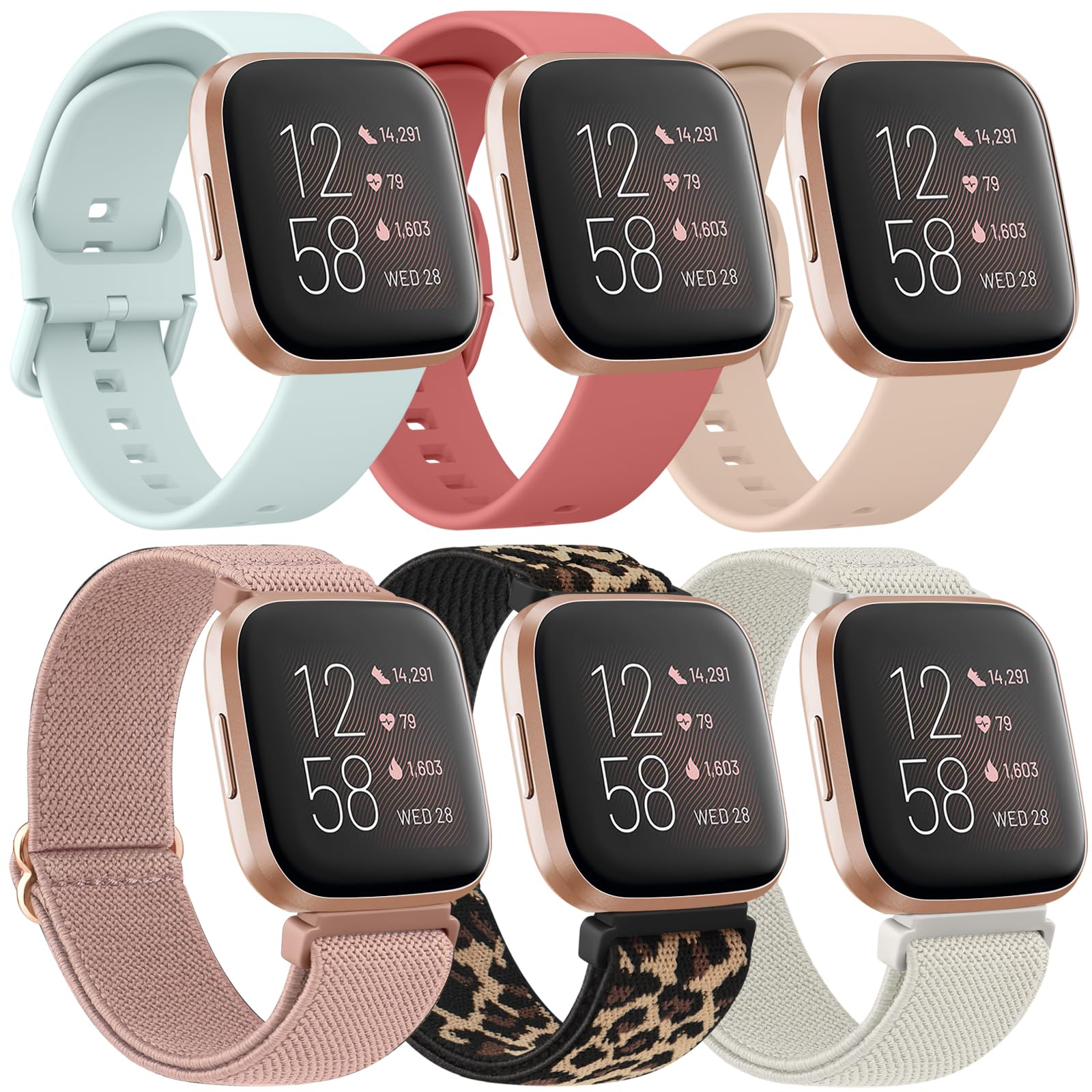 3+3 Pack Elastic Band and Silicone Band Compatible with Fitbit Versa 2 Bands for Women/Fitbit Versa/Versa Lite/Versa SE Bands, Replacement Wristband for Fitbit Versa Smartwatch Women Men