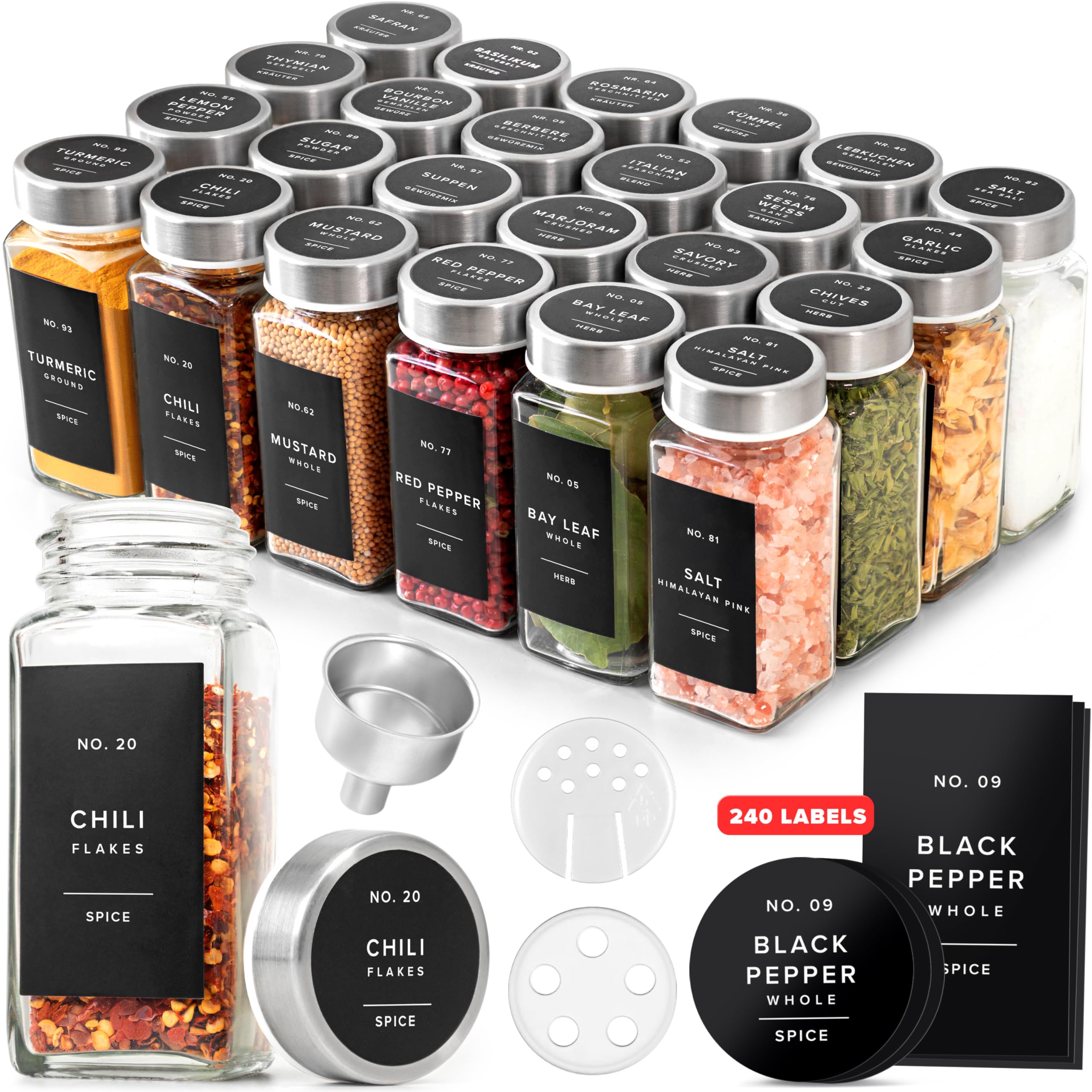 Tarros de especias de vidrio con etiqueta y tapas de acero inoxidable (24 x 4 onzas), recipientes para especias con 240 etiquetas,