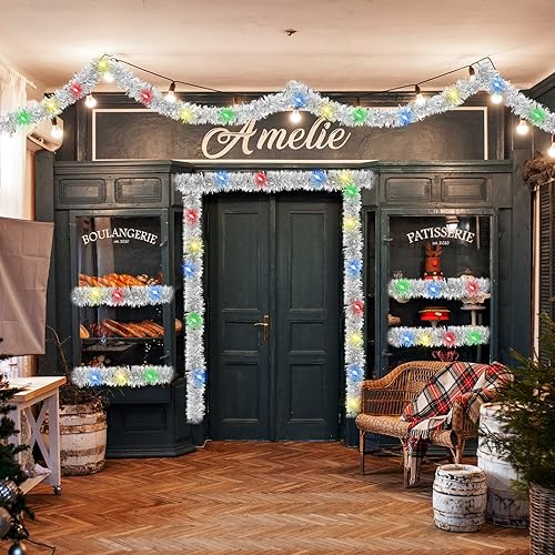 Miniatura 30 de Kingdder Guirnalda de oropel de Navidad de 16.4 pies iluminada metálica para decoración de árbol, funciona con pilas, 50 luces LED, guirnalda