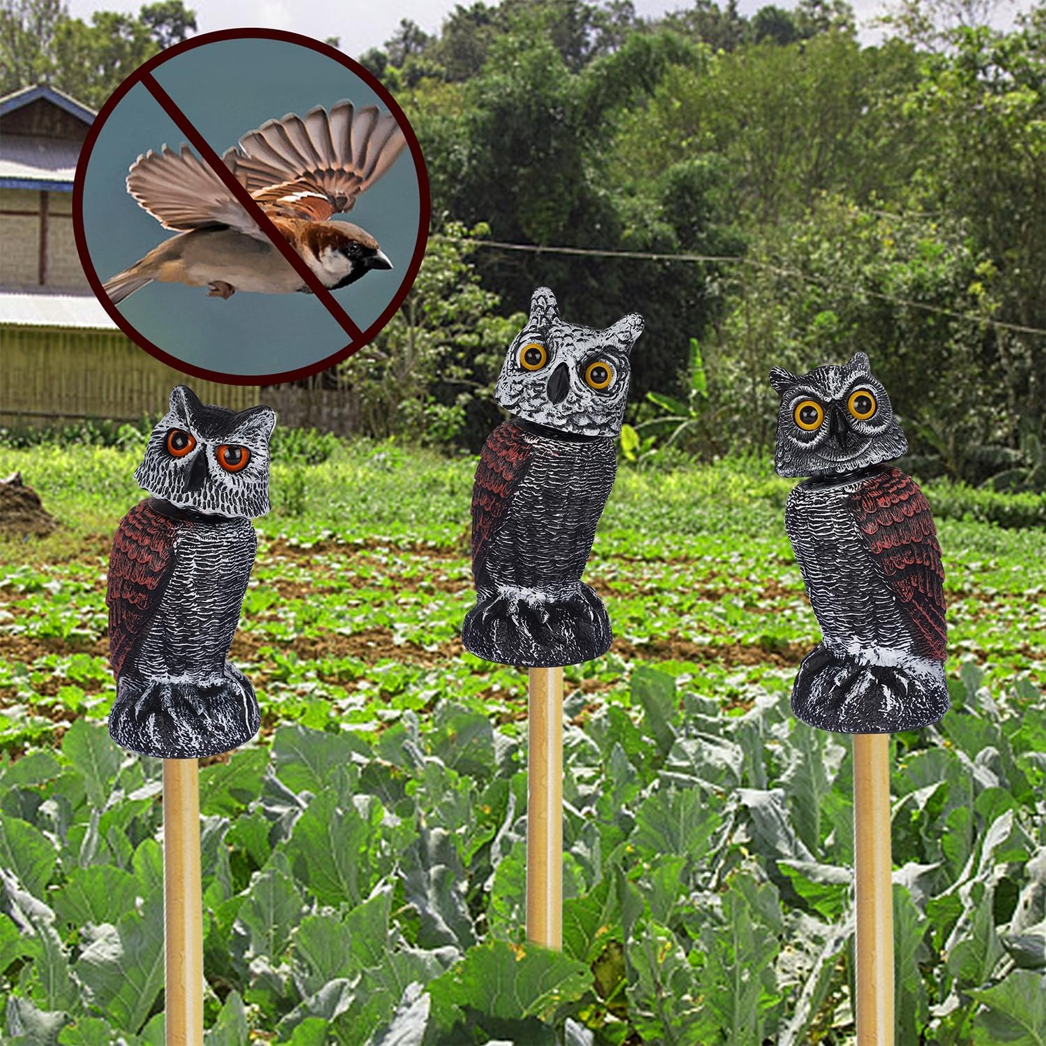 Hausse 3 Pack Bird Scarecrow Fake Horned Owl Decoy, Rotating Head Plastic Owl Bird Deterrents, Nature Enemy Horned Pest Repellent for Outdoor Garden