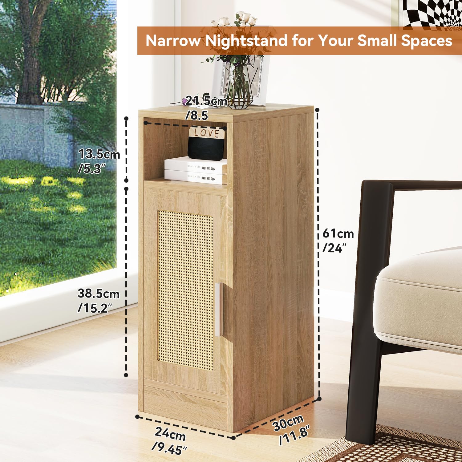 IBUYKE Ensemble de 2 Tables de Chevet Fines, Table de Nuit en rotin avec Compartiments Ouverts et Placard pour Petits espaces, Petite Table d'appoint étroite pour Chambre à Coucher et Salon, Naturel