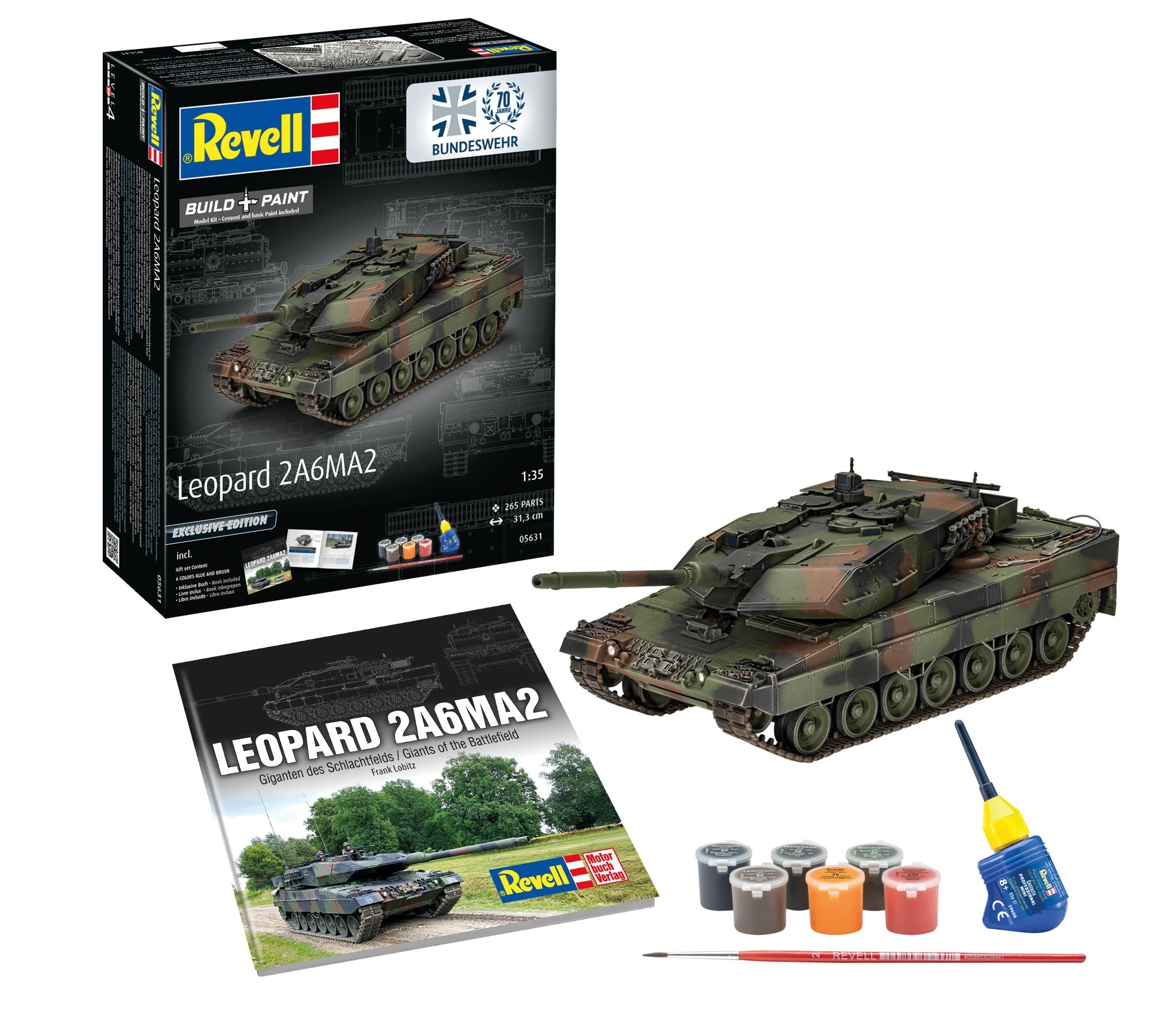 Revell Zestaw upominkowy 05631 Leopard 2 A6A2 ekskluzywna edycja 70 lat Bundeswehry w skali 1:35 niezbudowane plastikowe modele z akcesoriami