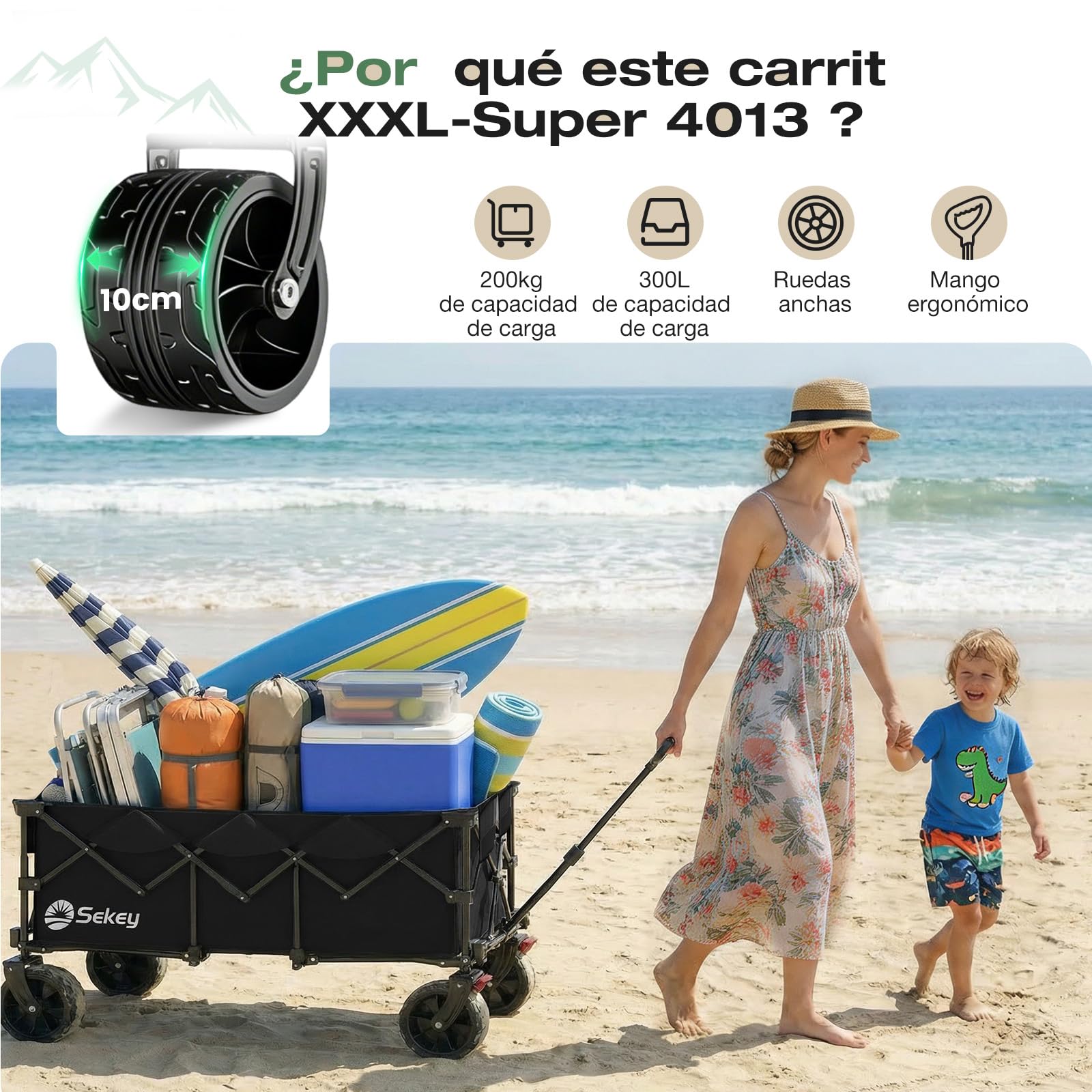 Sekey XXXL Carro Transporte Plegable 300L Capacidad 200KG, Modelo Alargado con Ruedas Todo Terreno 17x10 cm, Patente Sistema 4 Direcciones de Montaje Rápido, Negro