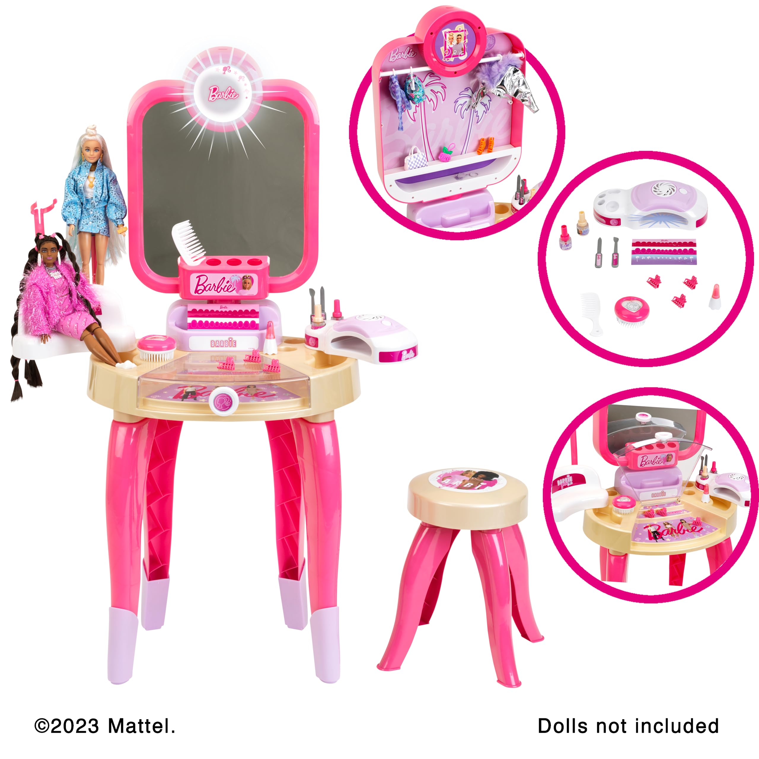 Theo Klein 5721 Barbie Salone di Bellezza Atmosfera Felice, Salone di Bellezza con Specchio Rotante e Luce, Toeletta con Accessori, Giocattolo per Bambini dai 3 Anni