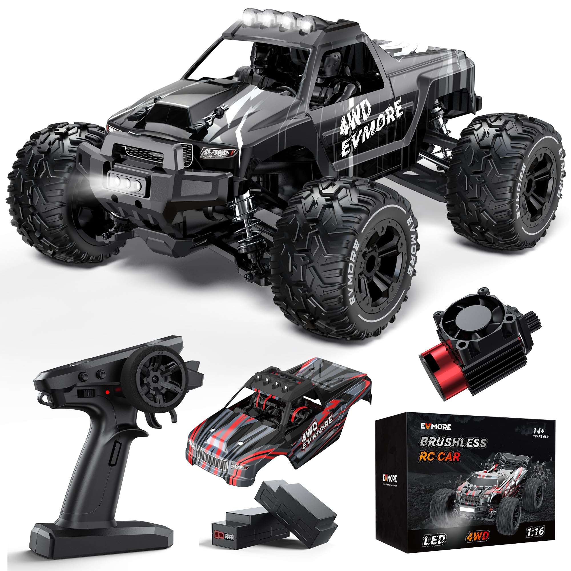 Evmore 1/16 Brushless RC Cars for Adults & Boys, Fast 34 Mph, Electric 4WD High Speed RC Car, All-Road Remote Control RC Truck with Two 2S Lipo Batteries, Compatible with 3S Lipo