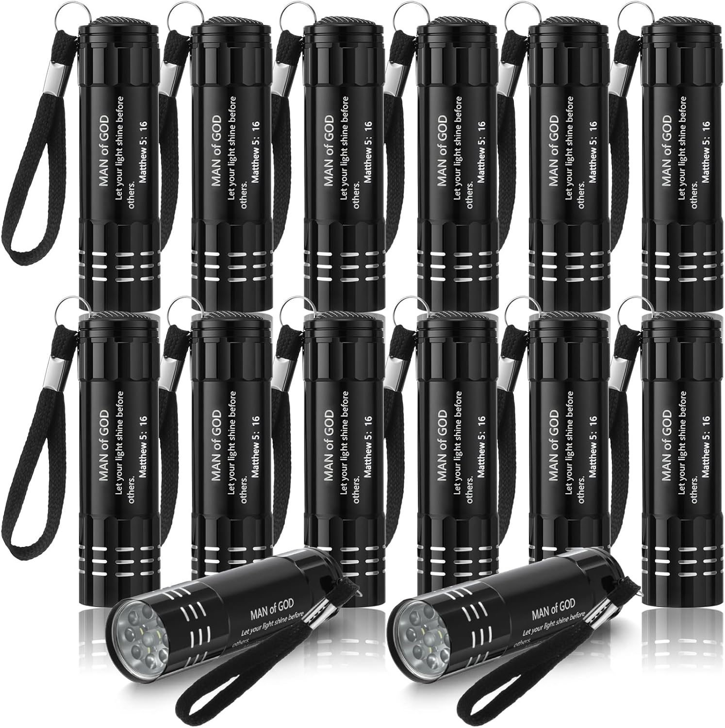 Glooglitter 24 Pcs Man of God Gifts Mini Flashlights Bulk, Aluminum Handheld Flash Light with Lanyard Small LED Flashlights Church Gifts for Men Dad Father's Day Religious Party Favors (Black)