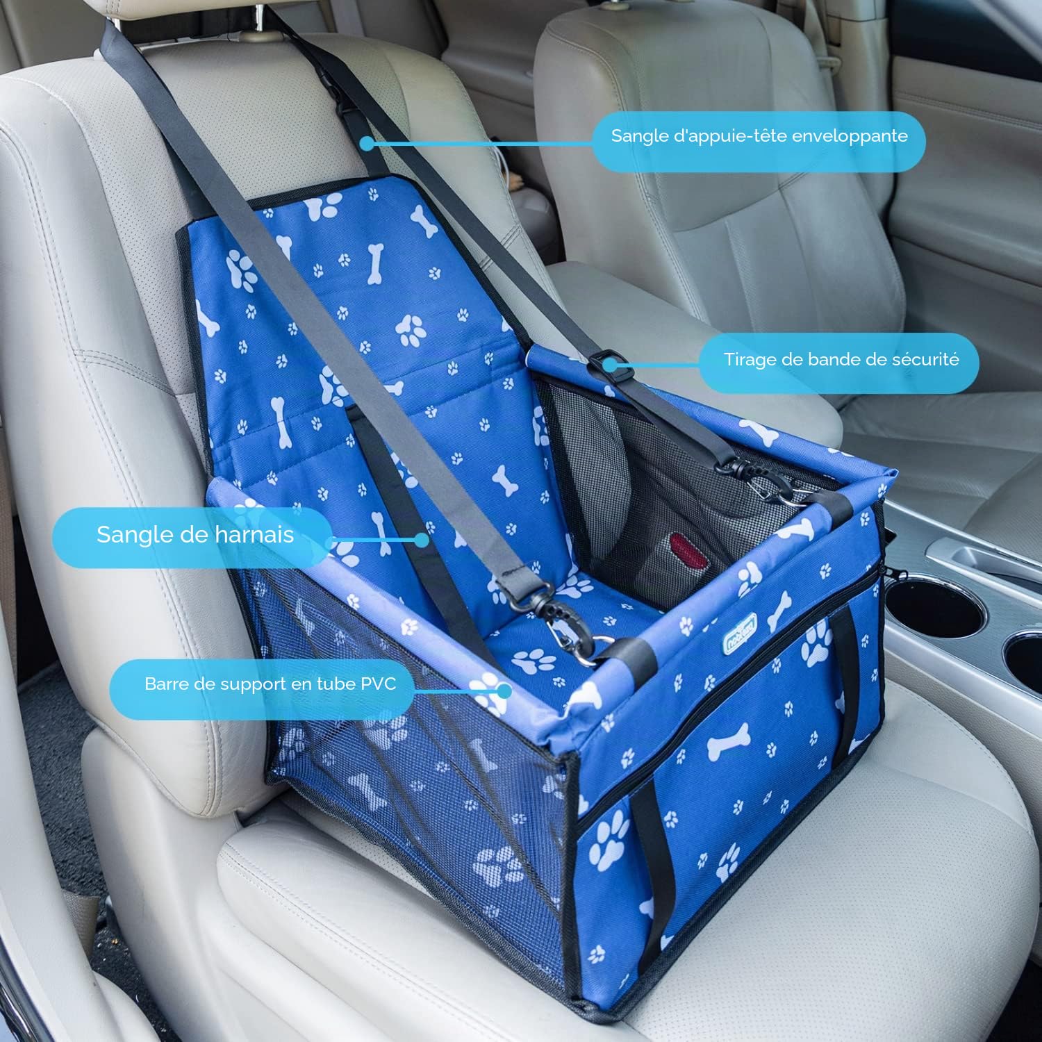 Nobleza Siège Auto pour Chien et Chat, Panier de Voiture Pliable pour Petits Chiens avec Ceinture de Sécurité, Imperméable et Respirant en Tissu Oxford, 40x34x25cm, Bleu