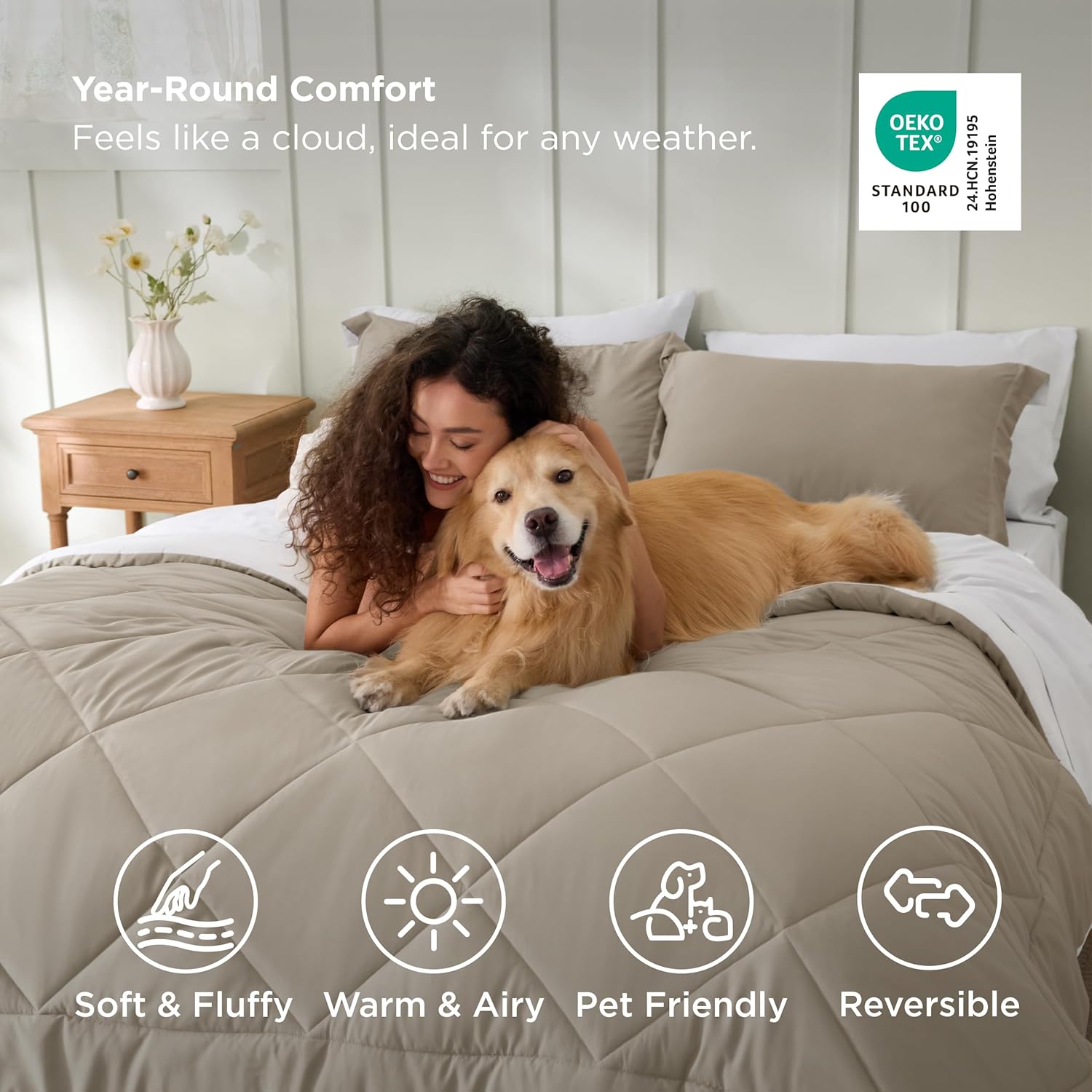 Bedsure Queen Comforter Set - 7 Pieces Reversible Beige and White Bedding, Queen Size Bed Set for All Seasons, Bed in a Bag with Down Alternative Comforter, Sheets, Pillowcases & Shams - Image 4