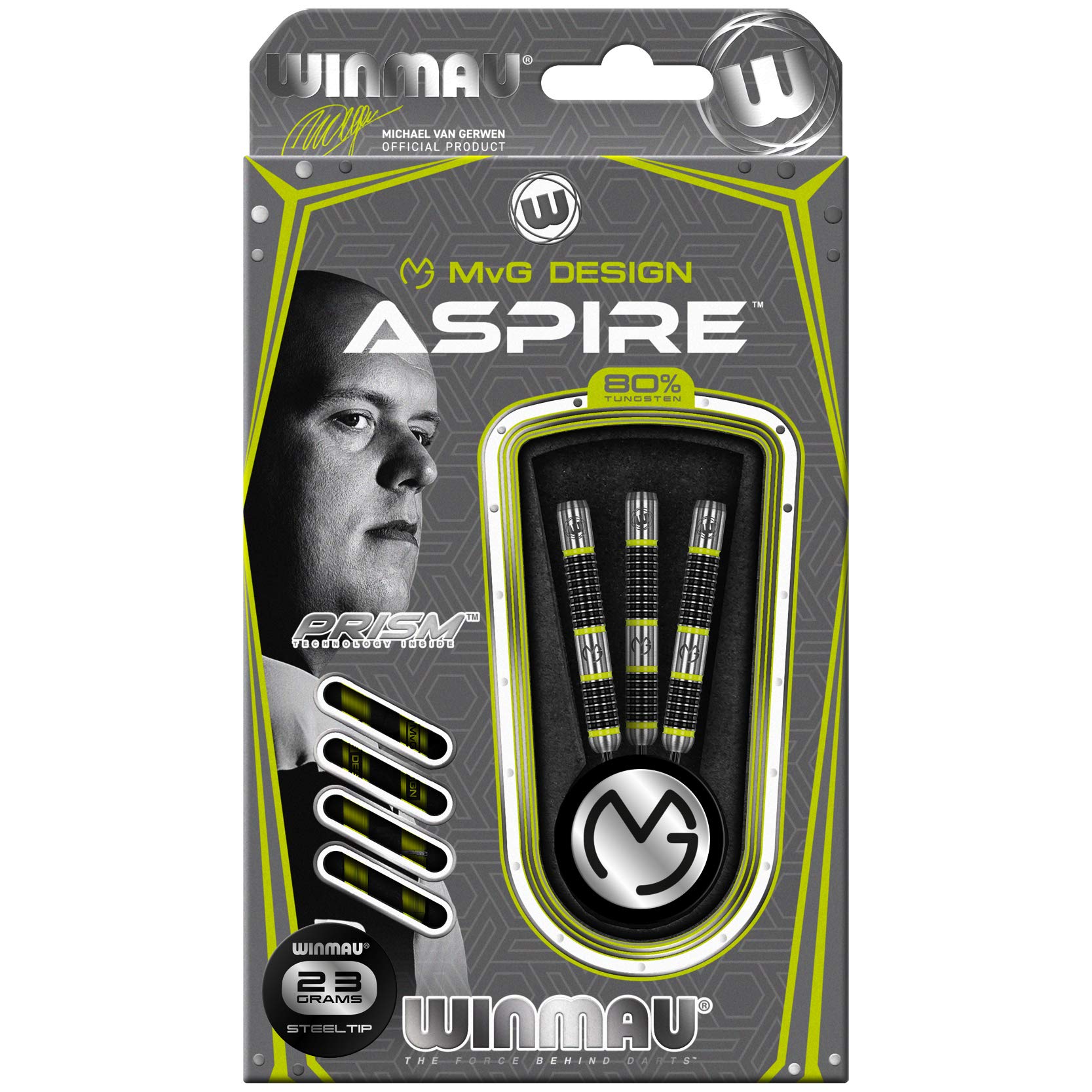 WINMAU Michael Van Gerwen MvG Aspire Jeu de fléchettes Steungip en tungstène avec Prism Vols et Nylon Arbres (Tiges)