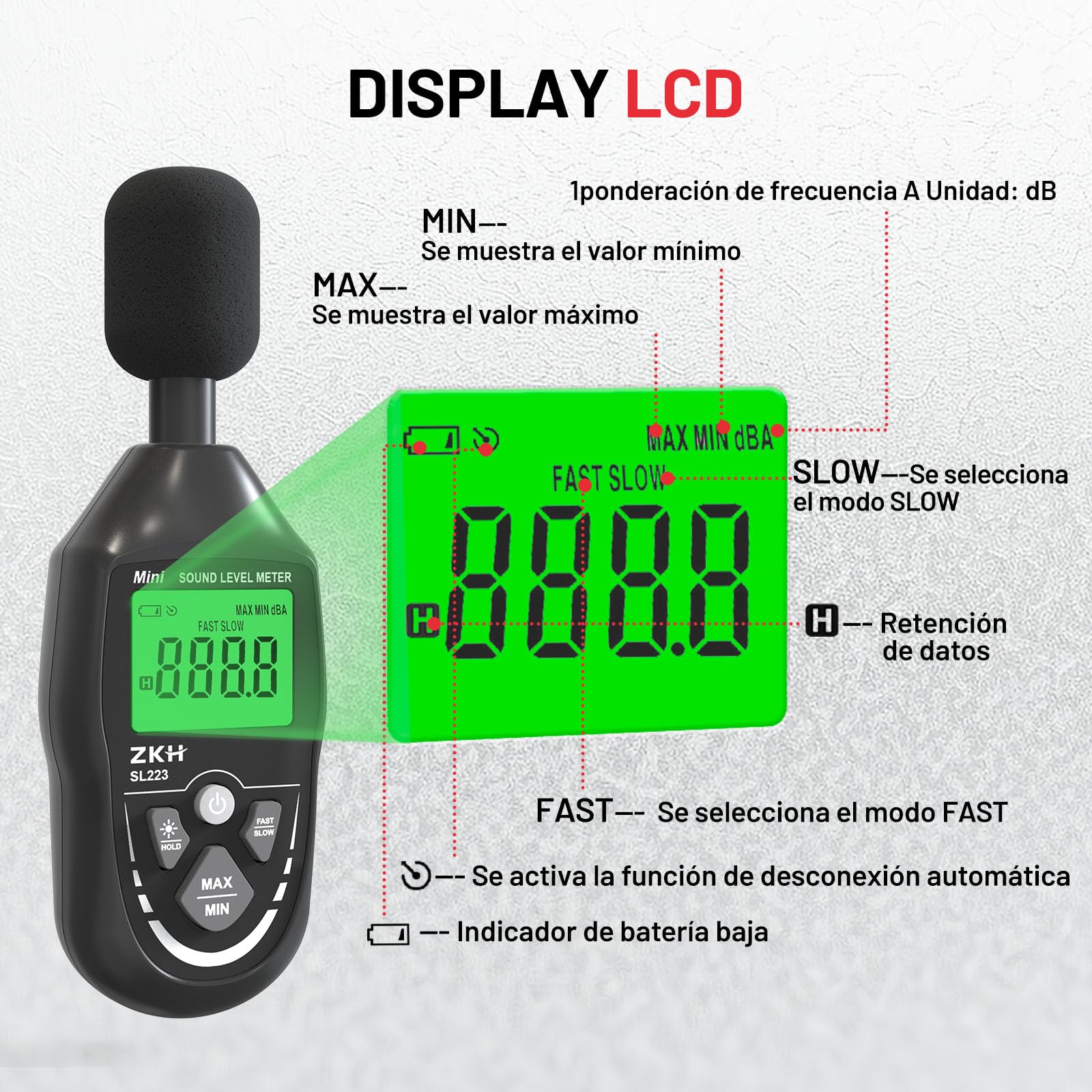ZKH Sonometro Digital, Medidor Decibelios Portátil Rango 30-130dB, Pantalla LCD, Ponderación A, Frecuencias 30-8KHz, Resolución 0.1dB, Precisión ±1.5dB, Función Max/Min/Hold, para Casa, Fábrica