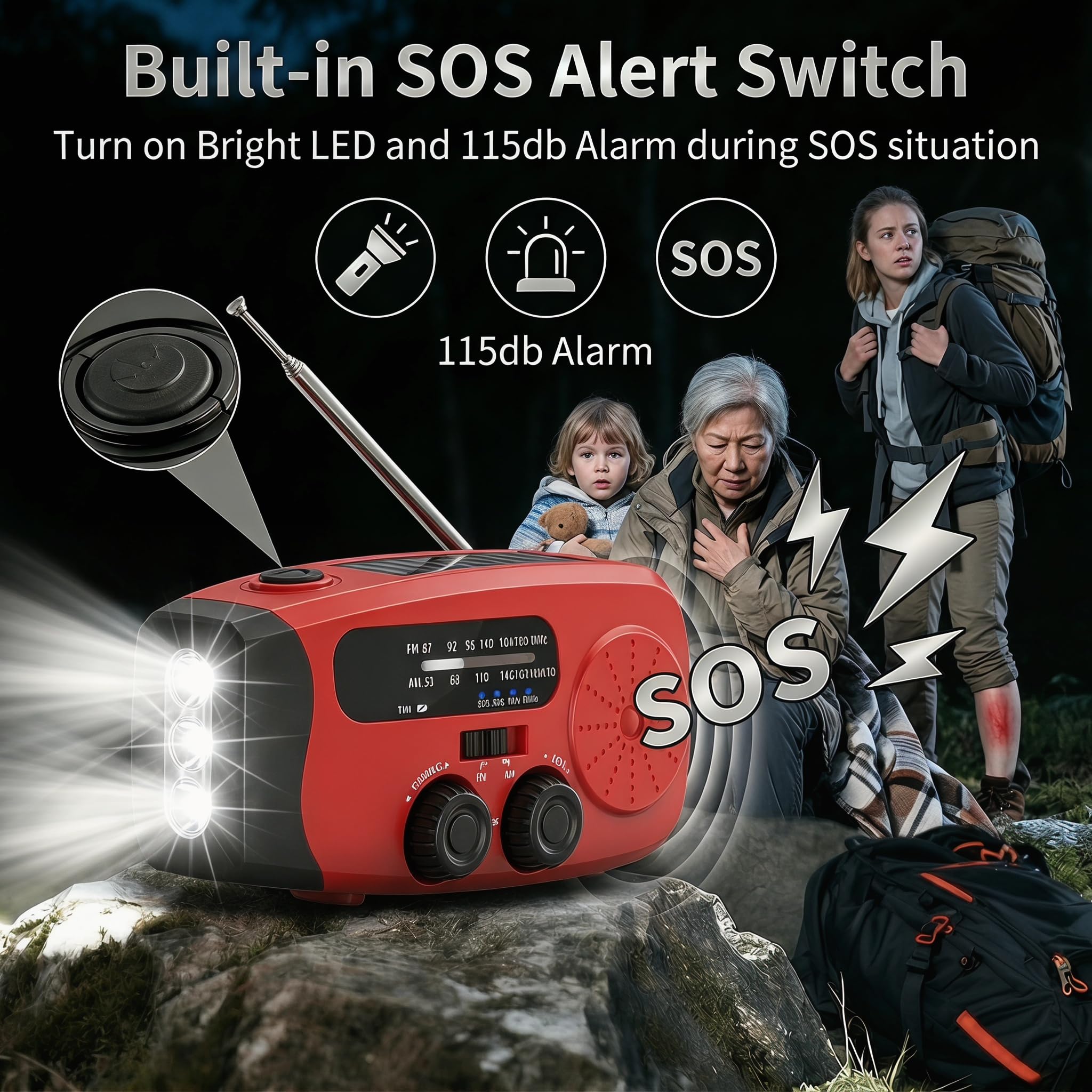 Emergency Radio Solar Kurbelradio con 3LED Linterna, 2000mAh Powerbank y SOS-Alarm – Radio Portátil para Kit de Emergencia Familiar, Camping, Aire Libre, Huracán, Terremotos