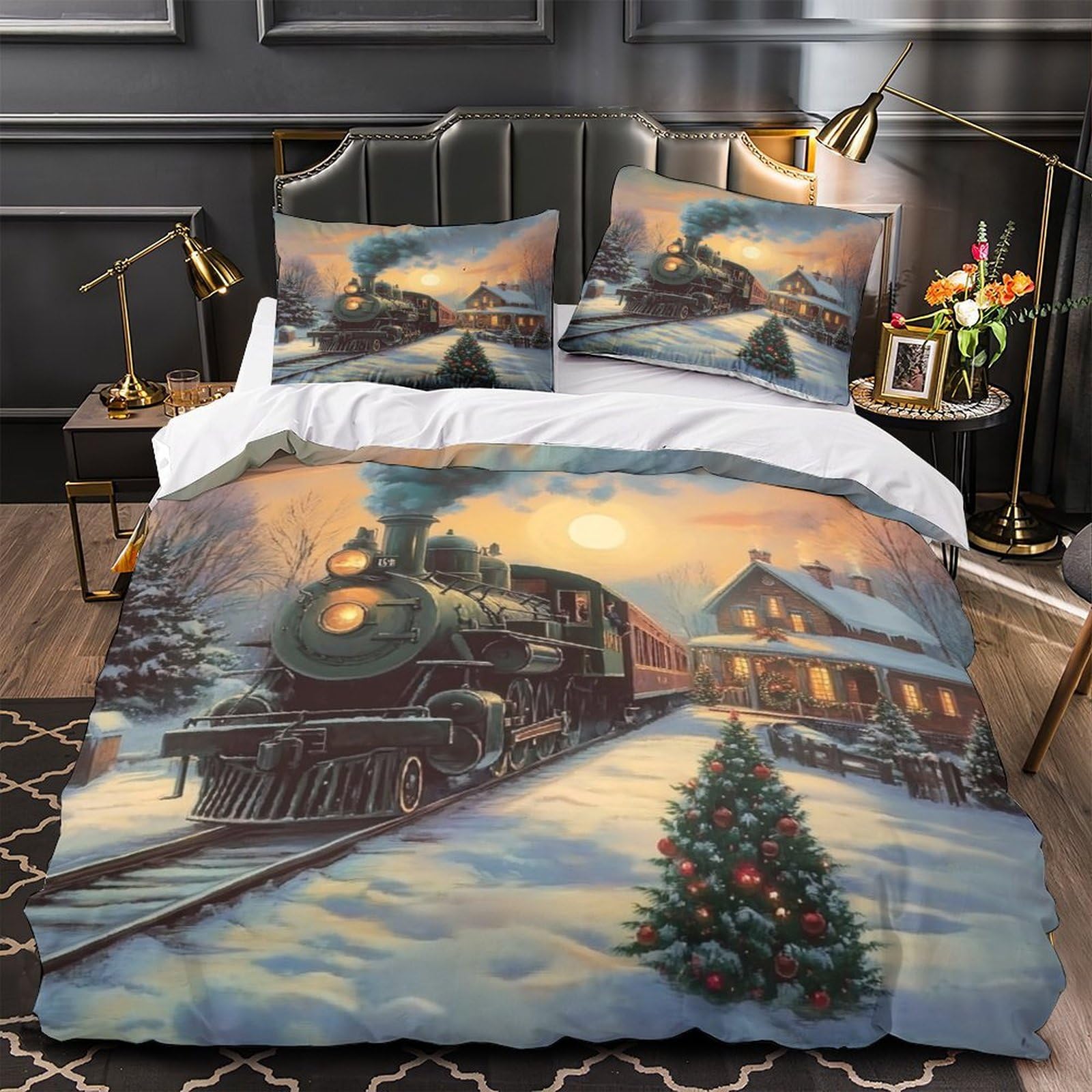 Drap de couette train de Noël vintage pour réchauffer l'ambiance de votre chambre en famille