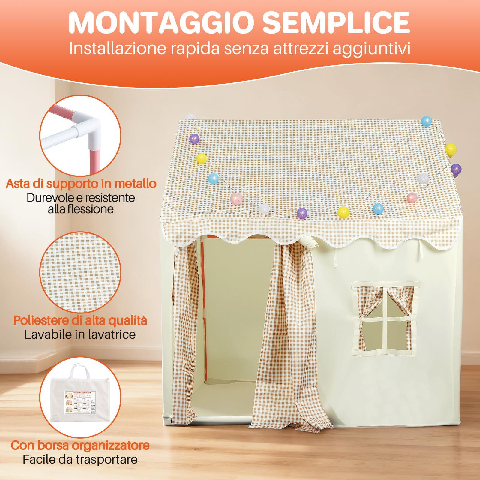 FUNYKICH Tenda per Bambini,Tenda per Bambini da Gioco con Struttura in Metallo,IncludeTappetino Antiscivolo,Luci e Borsa Organizzatore,Casetta Multifunzione per Interni/Esterni,120x100x130 cm