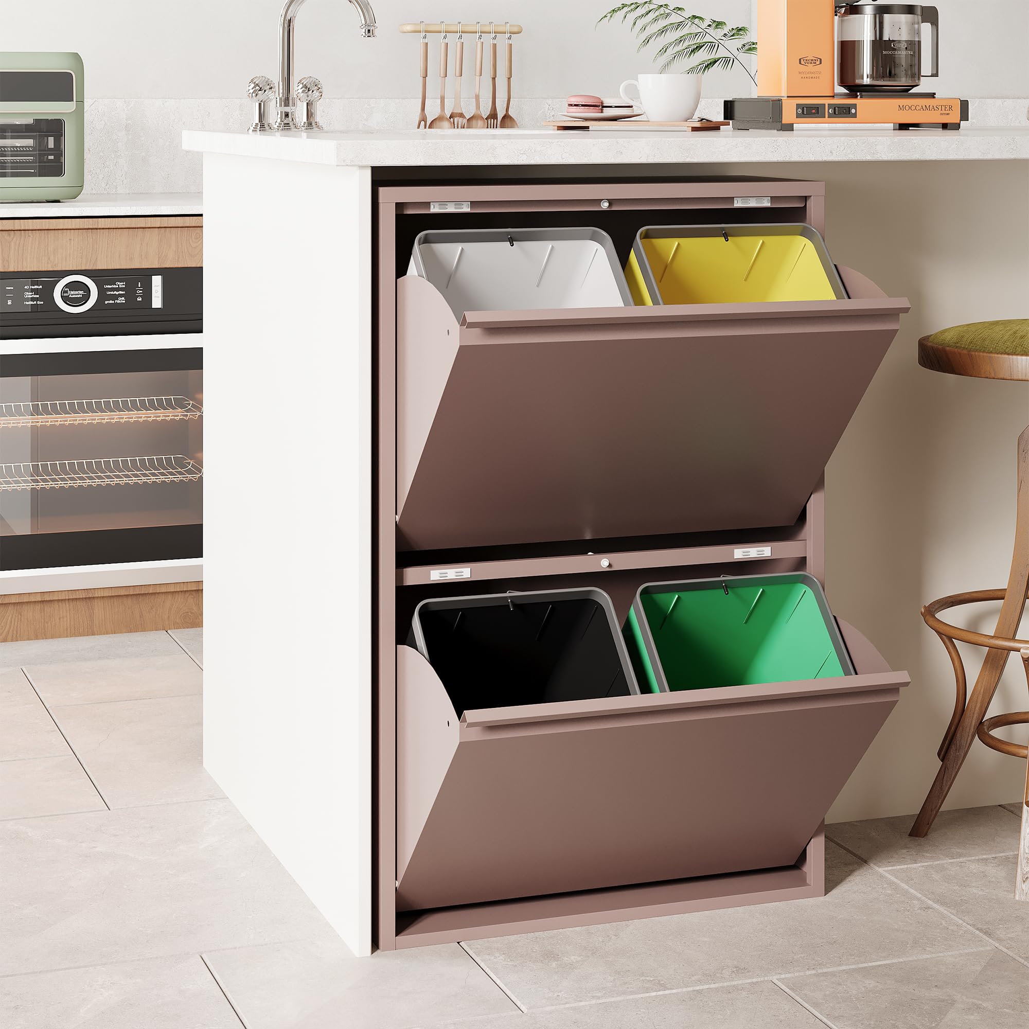VEEHAUS Küchen Mülltrennsystem, Metall Müllschrank, 4 Klappfächer 4 x 15 L | Freistehend & vormontiert, 4 einzeln öffenbare Klappen, Magnetische Front, Herausnehmbare Eimer, 60L Rosa