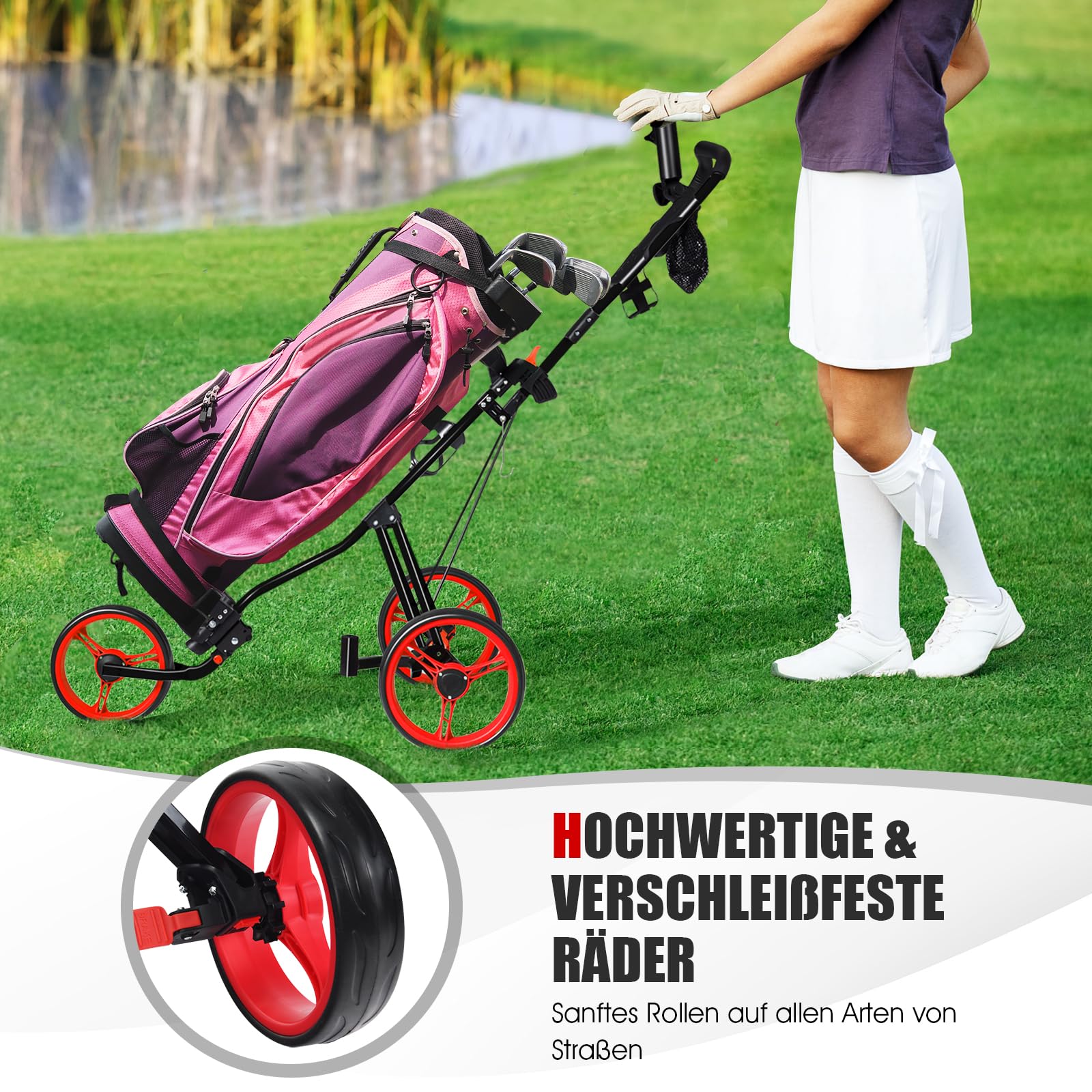 COSTWAY Golftrolley, Golf Trolley, Golftrolley 3 Rad Klappbar, Golfwagen Klappbar, Golf Cart, Golf Trolleys | mit verstellbarem Sitz & Griff & Halter für Schirm und Flasche