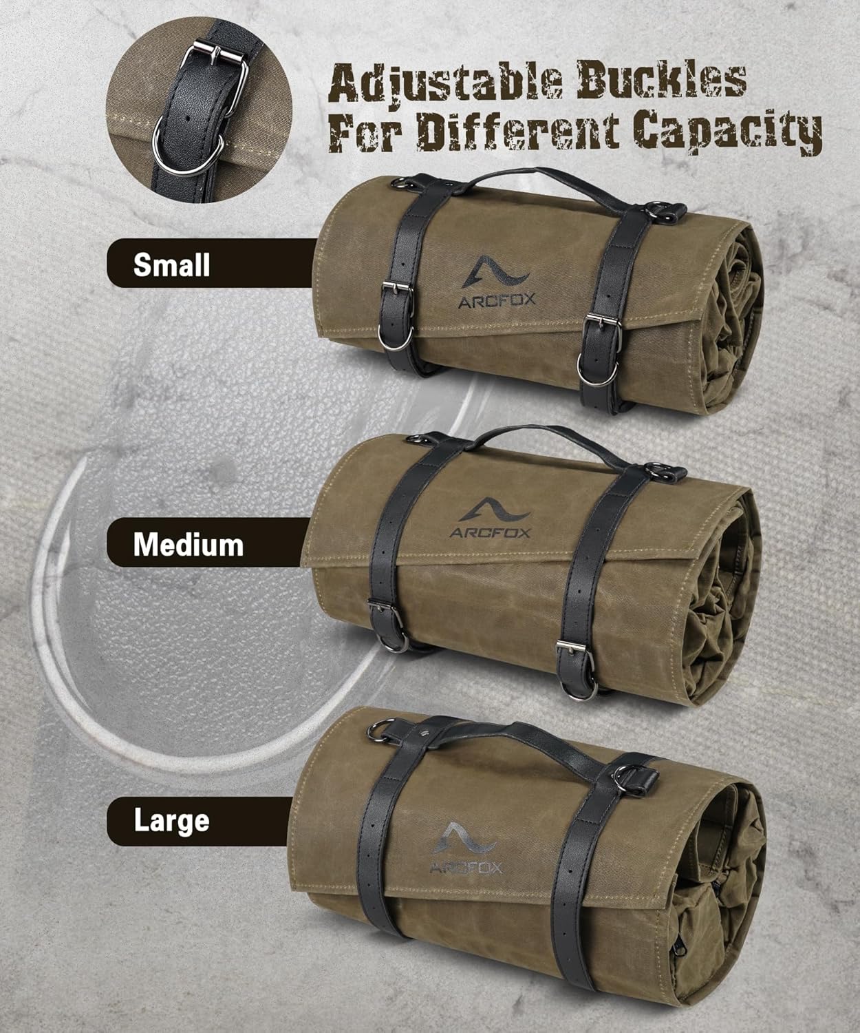 ARCFOX Vintage Oil Waxed Canvas Roll Up Tool Bag, 25 Pockets Car Tool Roll Bag Organizer with 5 Detachable Large Pouches +1 Wrench Pouch, Tab Window 15L Motorcycle Tools Organizer, Brown - Image 9