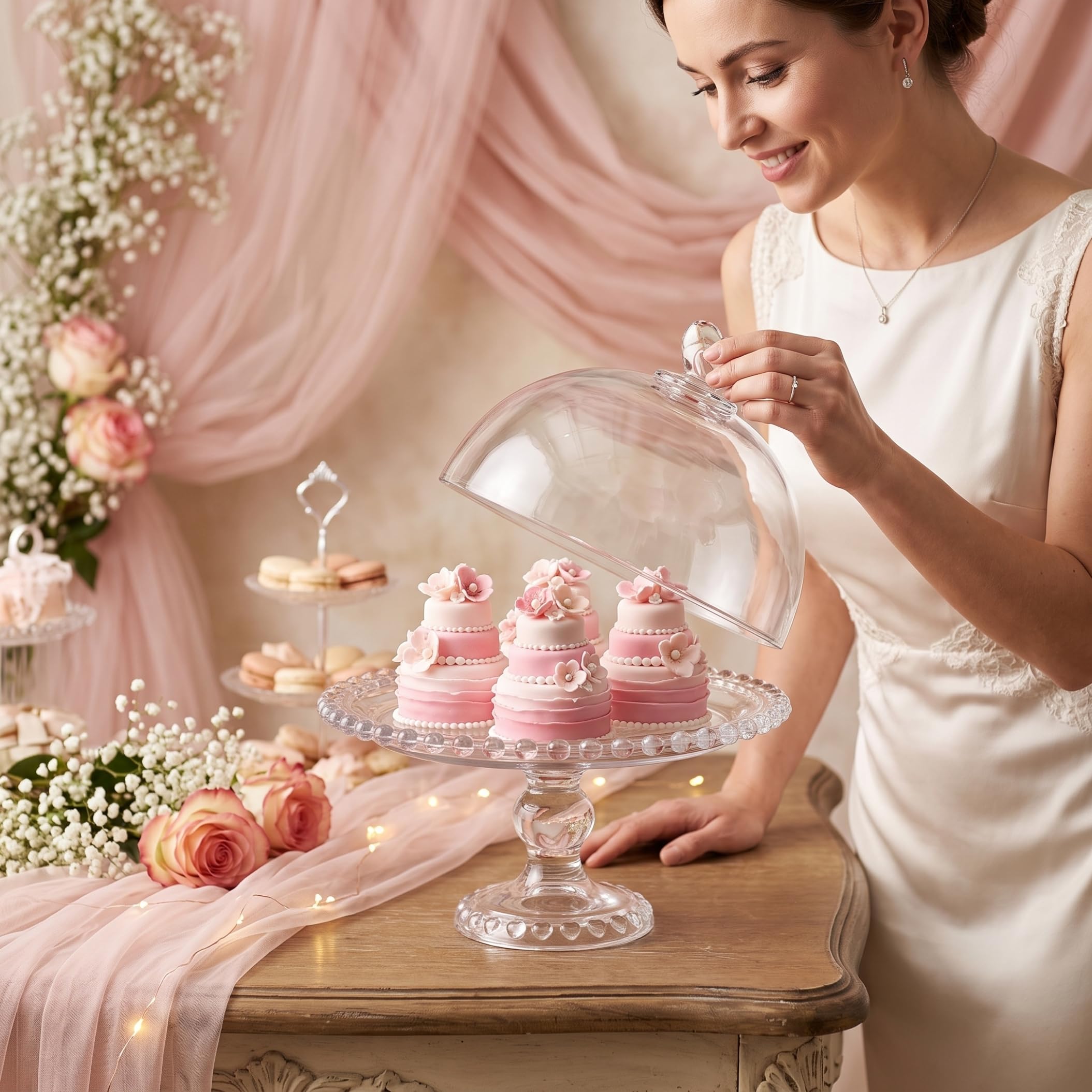 Soporte para tartas con cúpula de cristal en forma de corazón para bodas