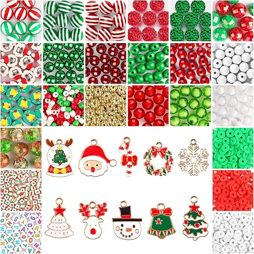 Kalolary 2510 cuentas de Navidad para hacer joyas, muñeco de nieve, Papá Noel, alce, esmaltes, cuentas de acrílico de Navidad, cuentas espaciadoras
