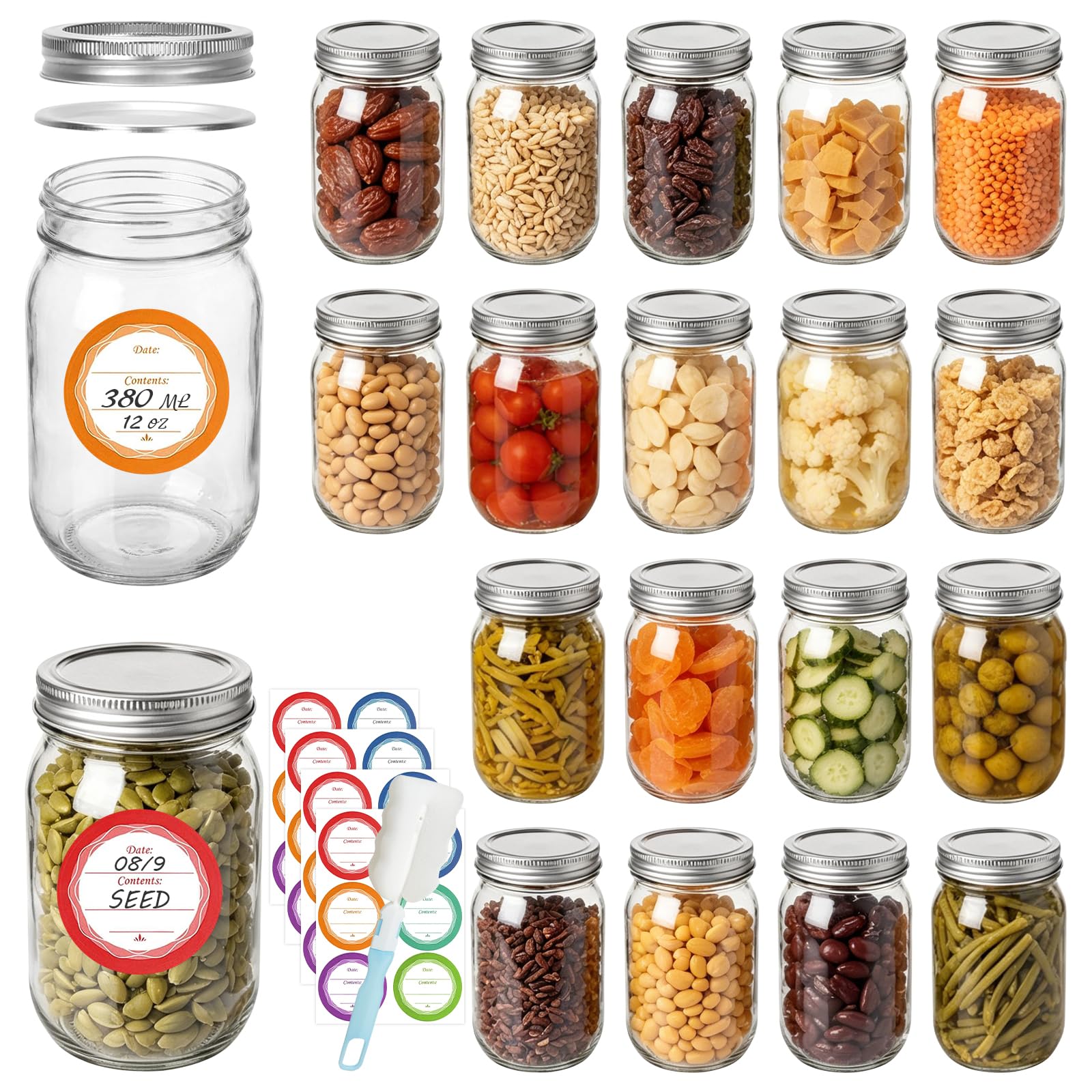 20er Set Einmachgläser 380 ml, Mason Jars mit zweiteiligem Schraubdeckel