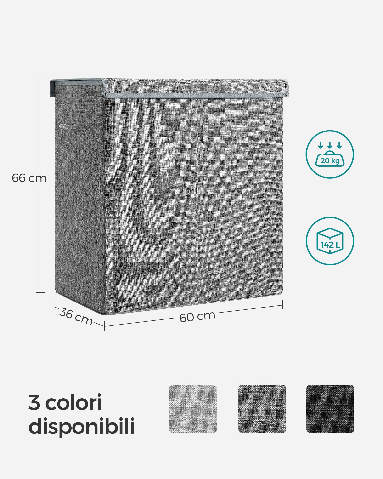 SONGMICS Cesto Portabiancheria, 142L, a 2 Scomparti, Coperchio Magnetico | Cesta Biancheria, in Simil Lino, Pieghevole, Organizza per Tipo, Sacco Rimovibile, Maniglie, Grigio, Collezione TINA LCB02G