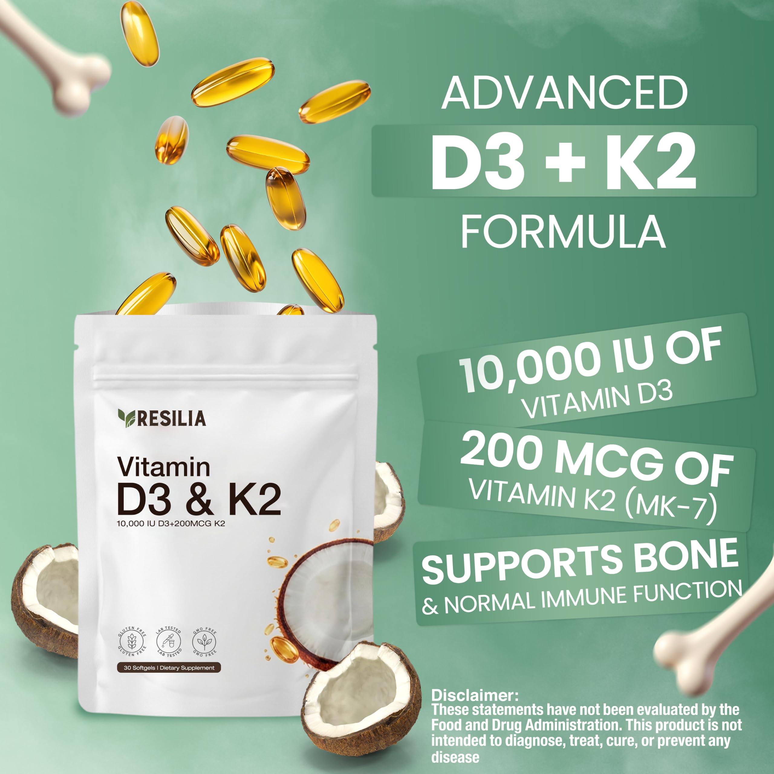 Resilia D3 K2 Vitamin 10000 IU + MK-7 200 mcg – High Potency Softgels with Coconut Oil for Maximum Absorption – Supports Bone Strength, Heart Health & Immune System – (30 Count) — Amazon image 3