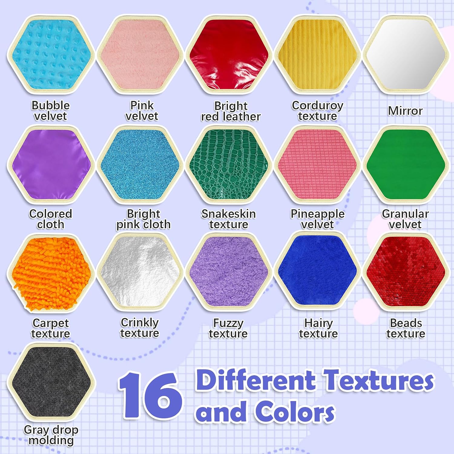 16 Set Hexagon Sensory Wall Panel Set with Bag Sensory Wall Sequin Flip Fabric Textured Mat Room Wall Panel Sensory Training Pads for Autistic Learning Fidgeting Tactile Exercise