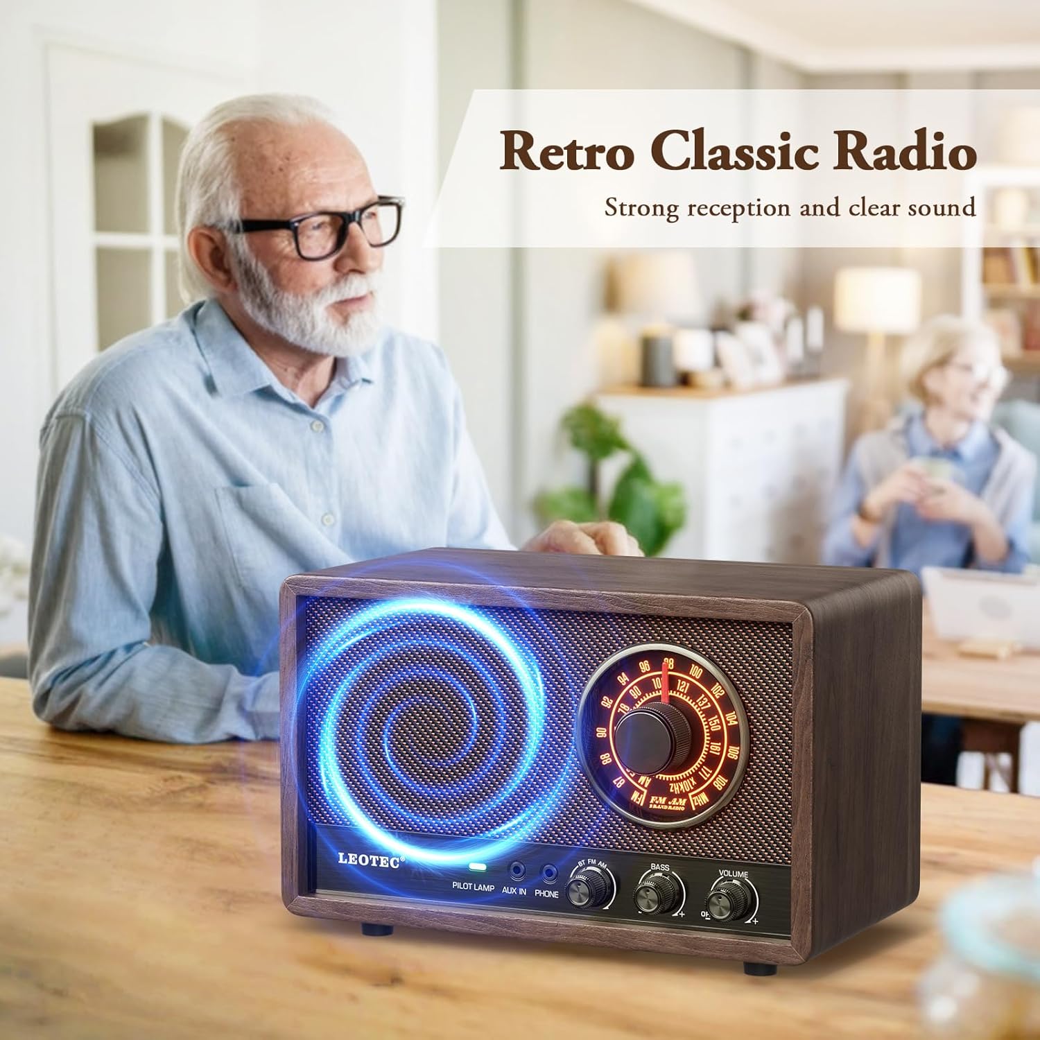 LEOTEC AM FM Radio,Retro Wood Table Radio,Portable Bluetooth Speaker Plug in Wall,Best Reception with AUX,Headphone Jack,Bass Control,Great for Home,Outdoor,Brown - Image 7