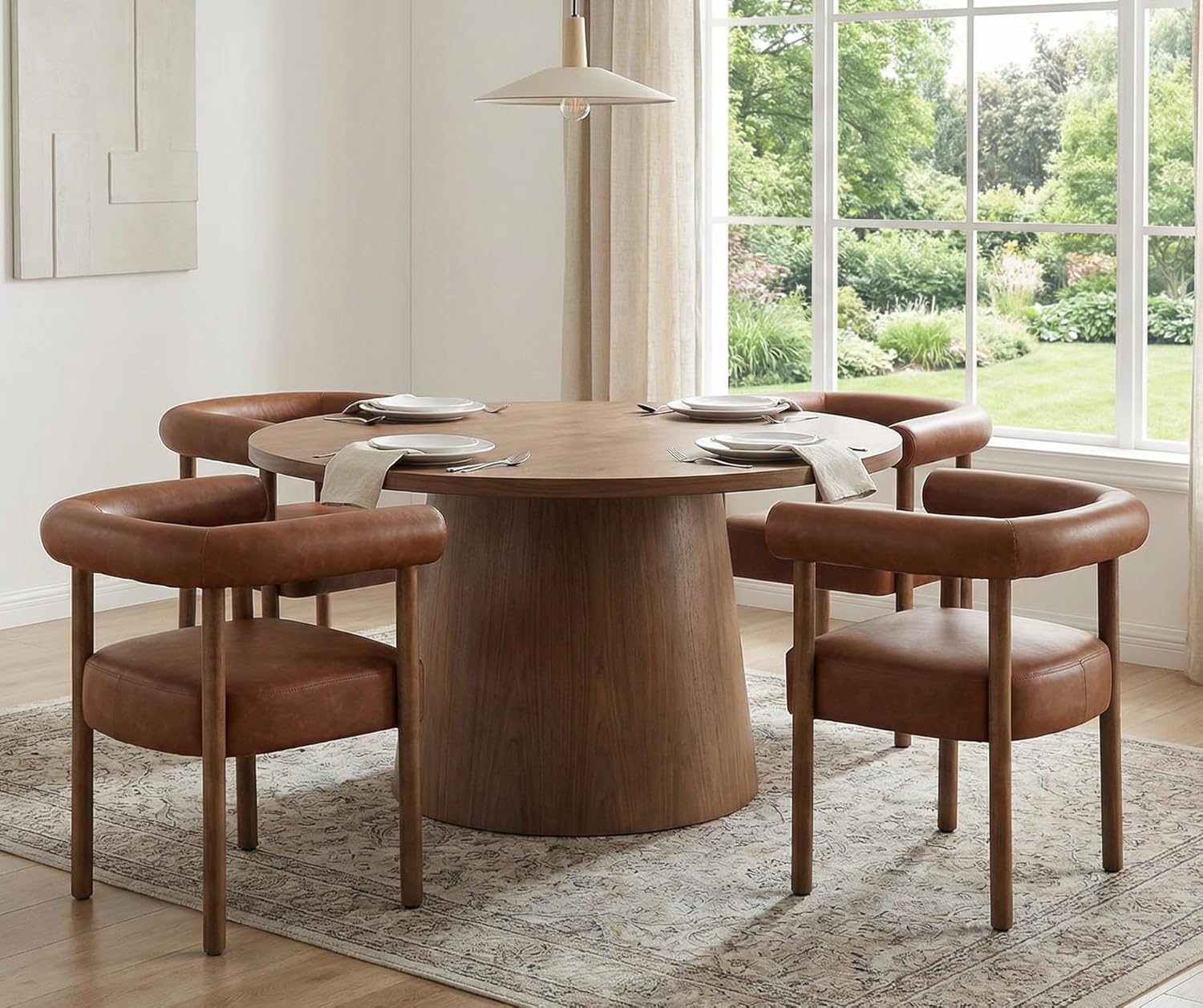 RIVOVA PU Leather Dining Chairs Set of 4, Modern Upholstered Armchairs with Curved Backrest & Natural Wood Legs, Brown Kitchen Chairs