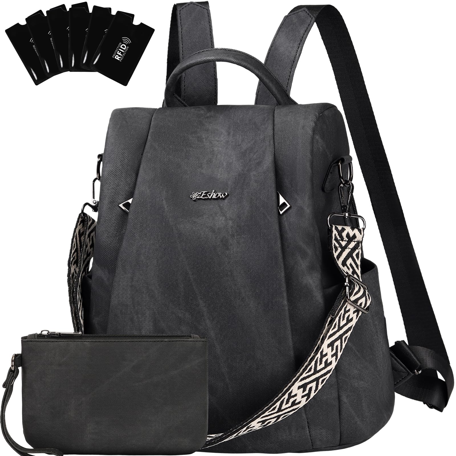 Eshow Rucksack Damen Klein, Anti-Diebstahl Elegant Cityrucksack, Wasserdichter Tagesrucksack Veganes Leder, Rucksacktasche mit Clutchbag RFID Blocker Modern für Pendeln Schule Arbeit Reise Shwarz