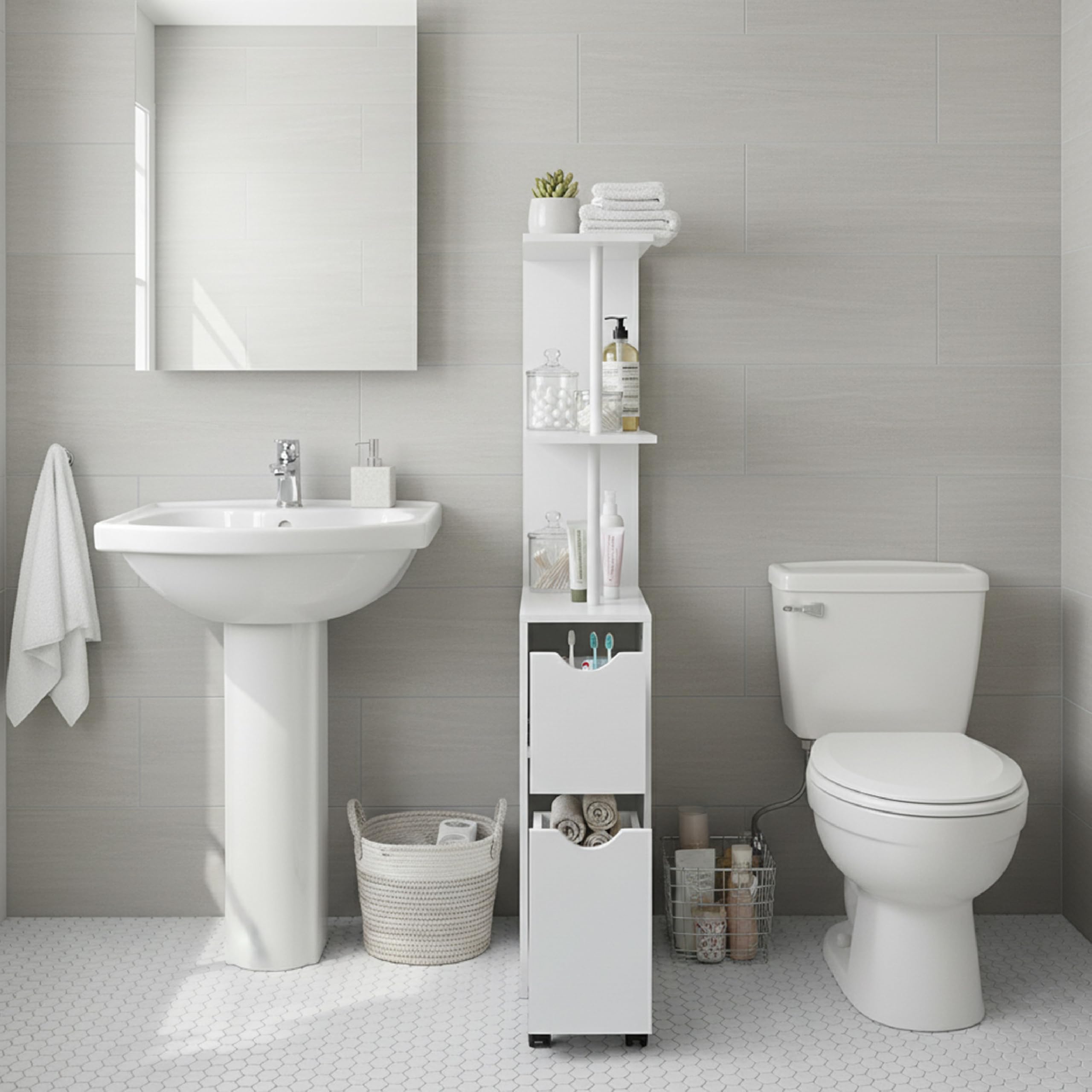 Baroni Home Columna de baño que ahorra espacio, mueble alto con estantes abiertos y cajones, multiusos, columna moderna para baño, cocina y dormitorio, 45 x 15 x 113 cm, 3 estantes y 2 cajones, color - 2