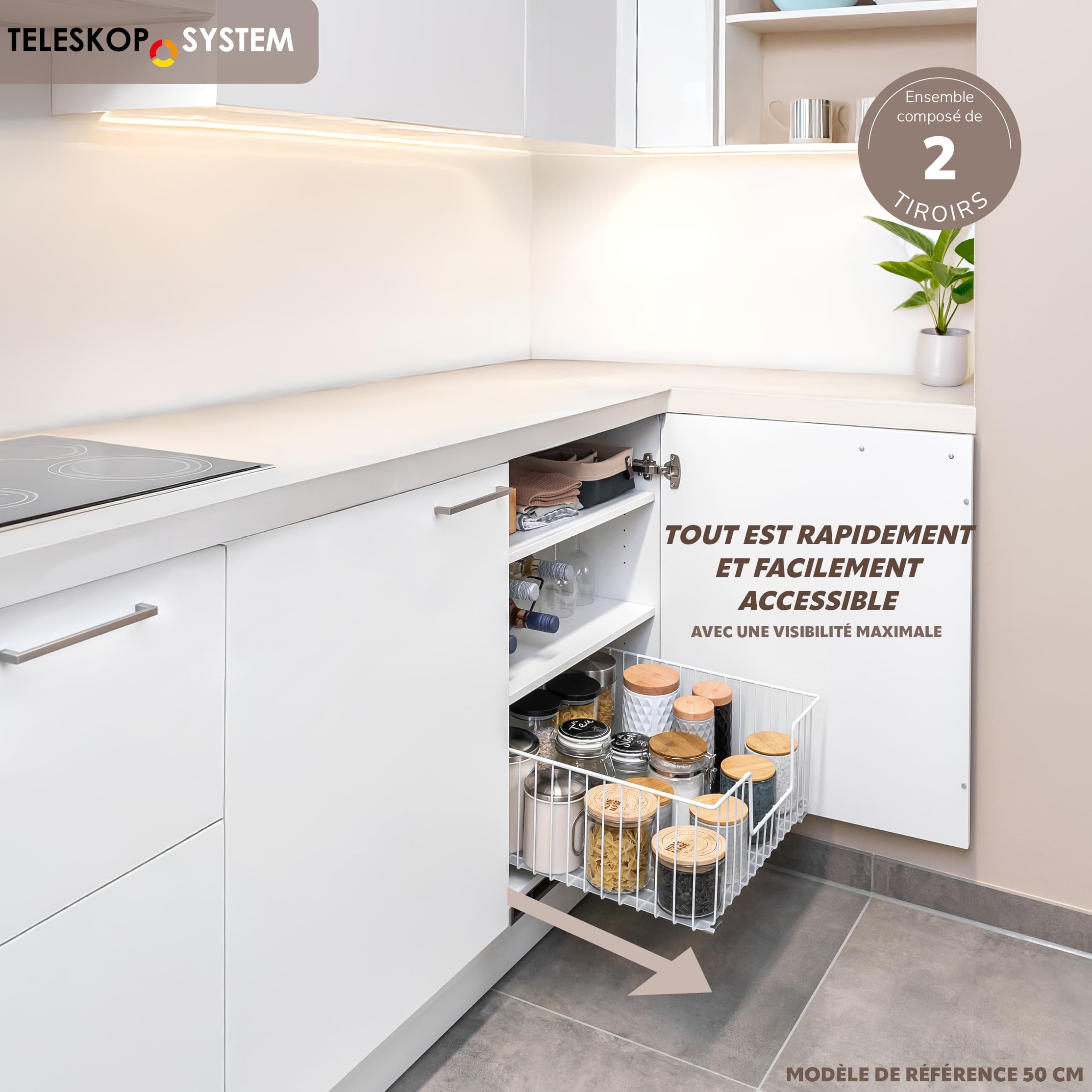 bremermann Lot de 2 paniers d'armoire de 30 cm de large avec étagère, tiroir de cuisine à extension complète avec rails télescopiques, idéal pour cuisine, salle de bain et chambre à coucher, en métal