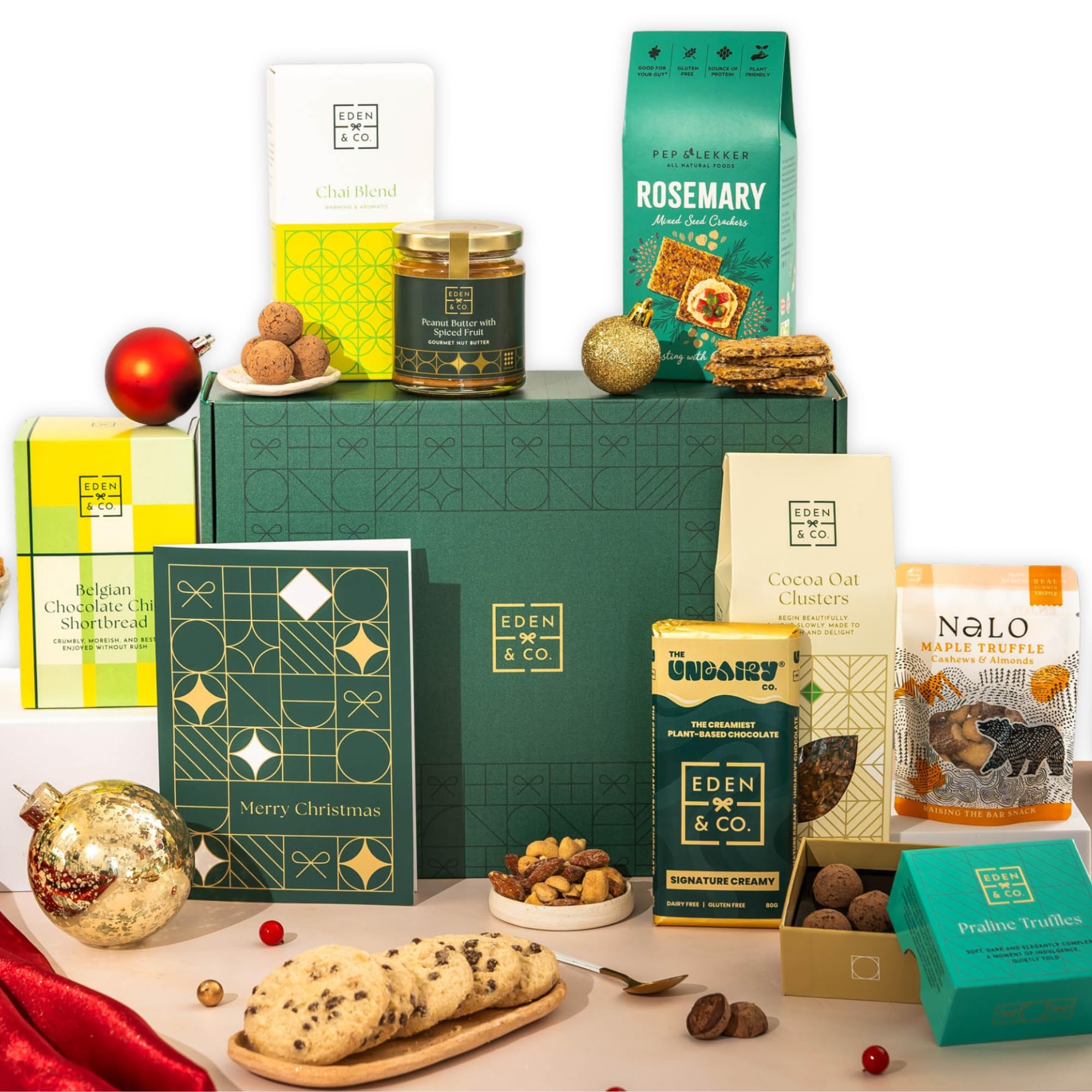 Merry Christmas Vegan Gift Hamper Basket, Luxury Gourmet Gifts for Women, Men, Couples, with Vegan Chocolate by EDEN & CO