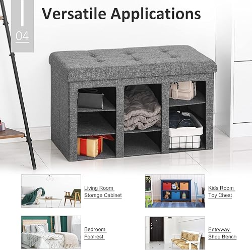 Miniatura 7 de HOMCOM Moderno banco plegable de almacenamiento de zapatos con tapa abatible, banco otomano para dormitorio y pasillo con 9 cubos, gris