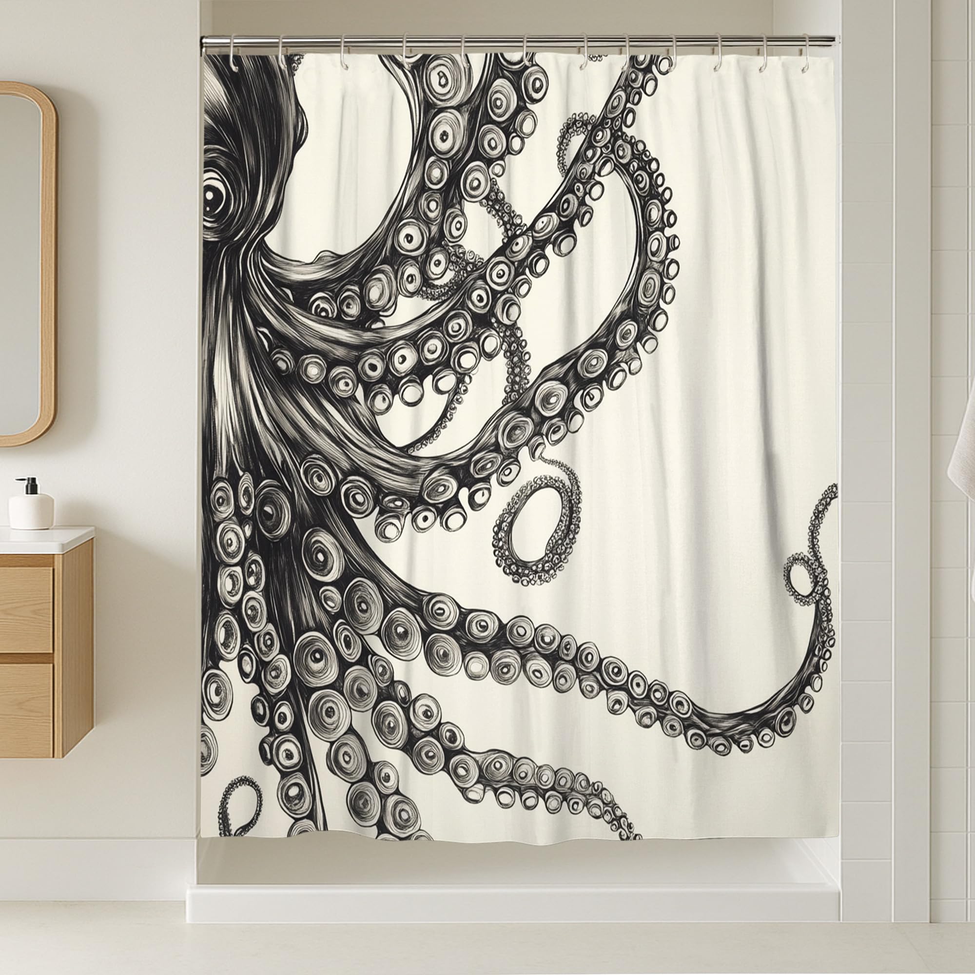 Octopus Shower Curtain, Black White Nautical Ocean Theme Bathroom Decor, Summer Marine Style Waterproof Fabric Shower Curtain with Hooks 72x96 Inch
