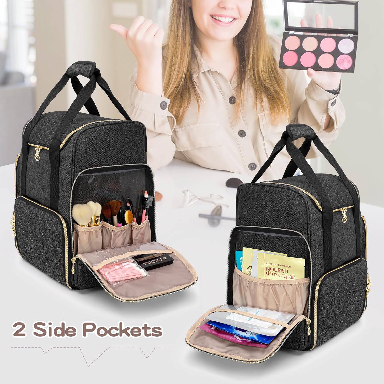 LUXJA Makeup Backpack with 3 Removable Cases and 1 Makeup Brush Bag, Large Makeup Bag Cosmetic Bag with Multiple Storage Sections (Patented), Black