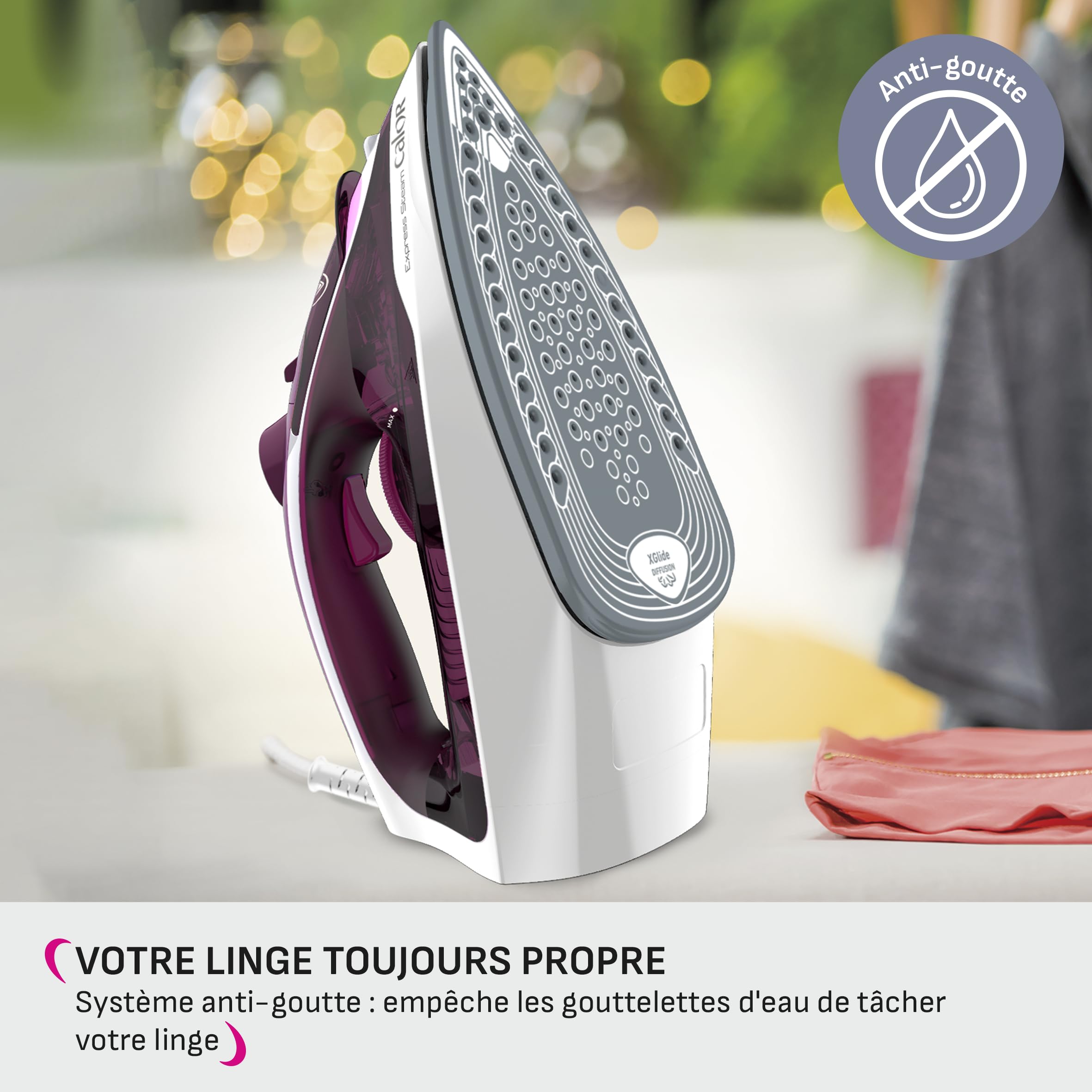 Calor Express - Plancha de vapor, 2400 W, flujo de vapor 35 g/min, función de prensado 160 g/min, Suela de cerámica, Desarrugado vertical FV2835C0, Granate