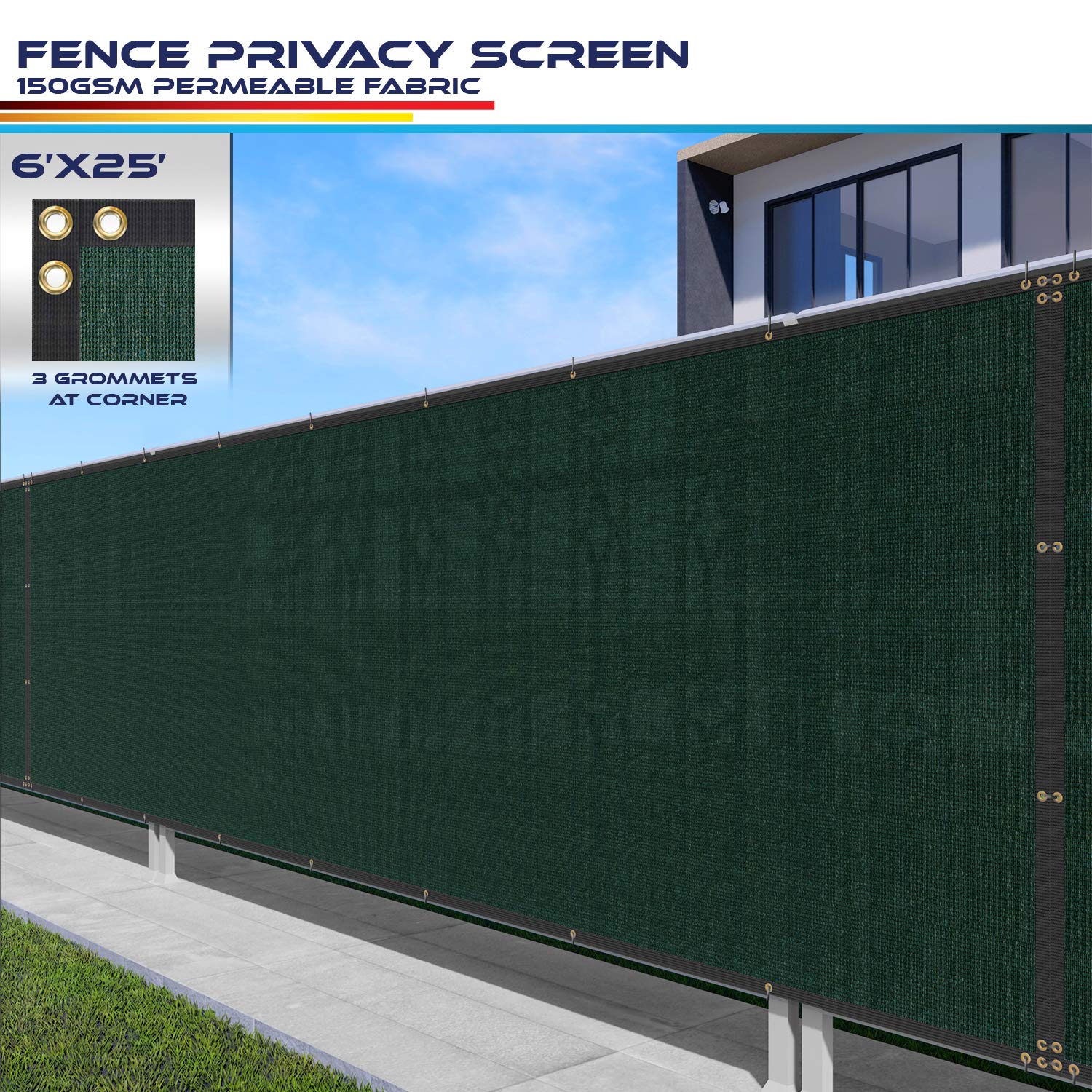 6' x 25' Privacy Fence Screen in Green with Brass Grommet 85 Blockage