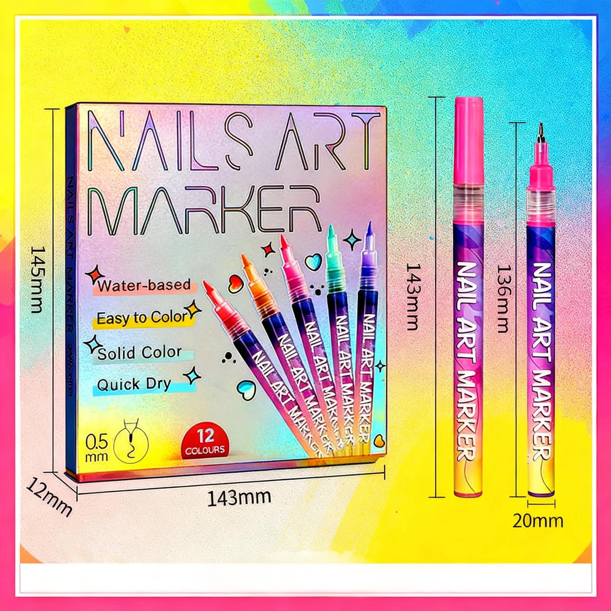 Stylo 3D Nail Art Professionnel - Kit de 12 Feutres Vernis à Ongles avec Pointe Métallique Fine 0.5mm, pour deco ongle nail art, Graffiti (12 Couleurs)