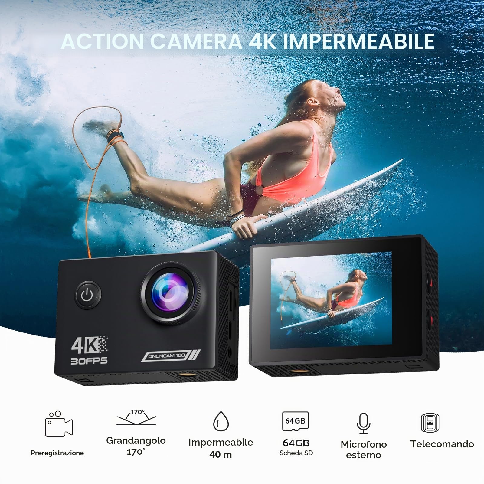 Action Cam 4K 30FPS con 64GB MicroSD, Pre-registrazione 20MP HD Camera170° Fotocamera Subacquea 40M Impermeabile Videocamera,Telecomando2.4G, 2 Batterie Casco Kit Accessor