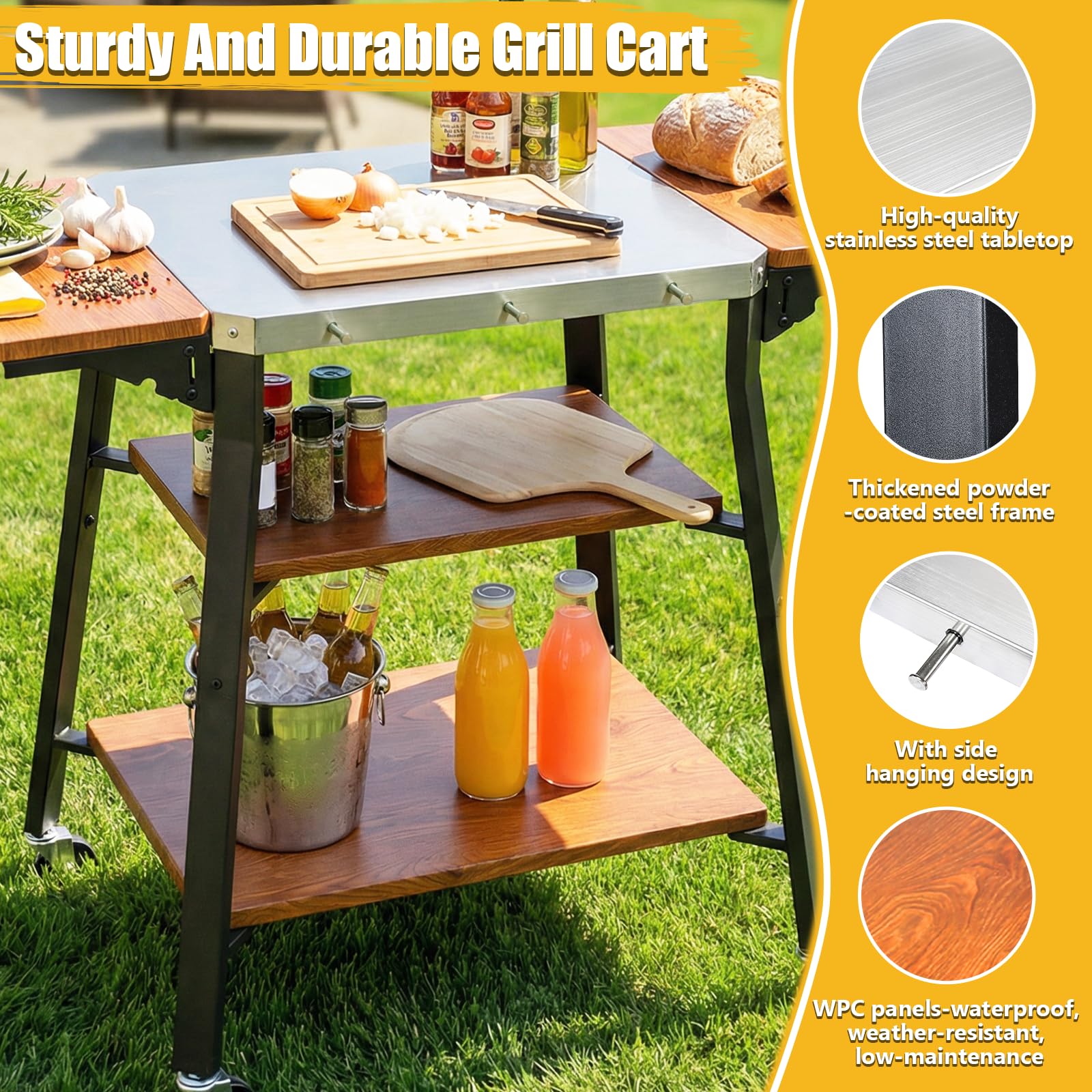 GFTIME Chariot de barbecue avec plan de travail en acier inoxydable, chariot de barbecue avec 2 étagères latérales pliables et 2 étagères de rangement, chariot de cuisine mobile avec roulettes pour