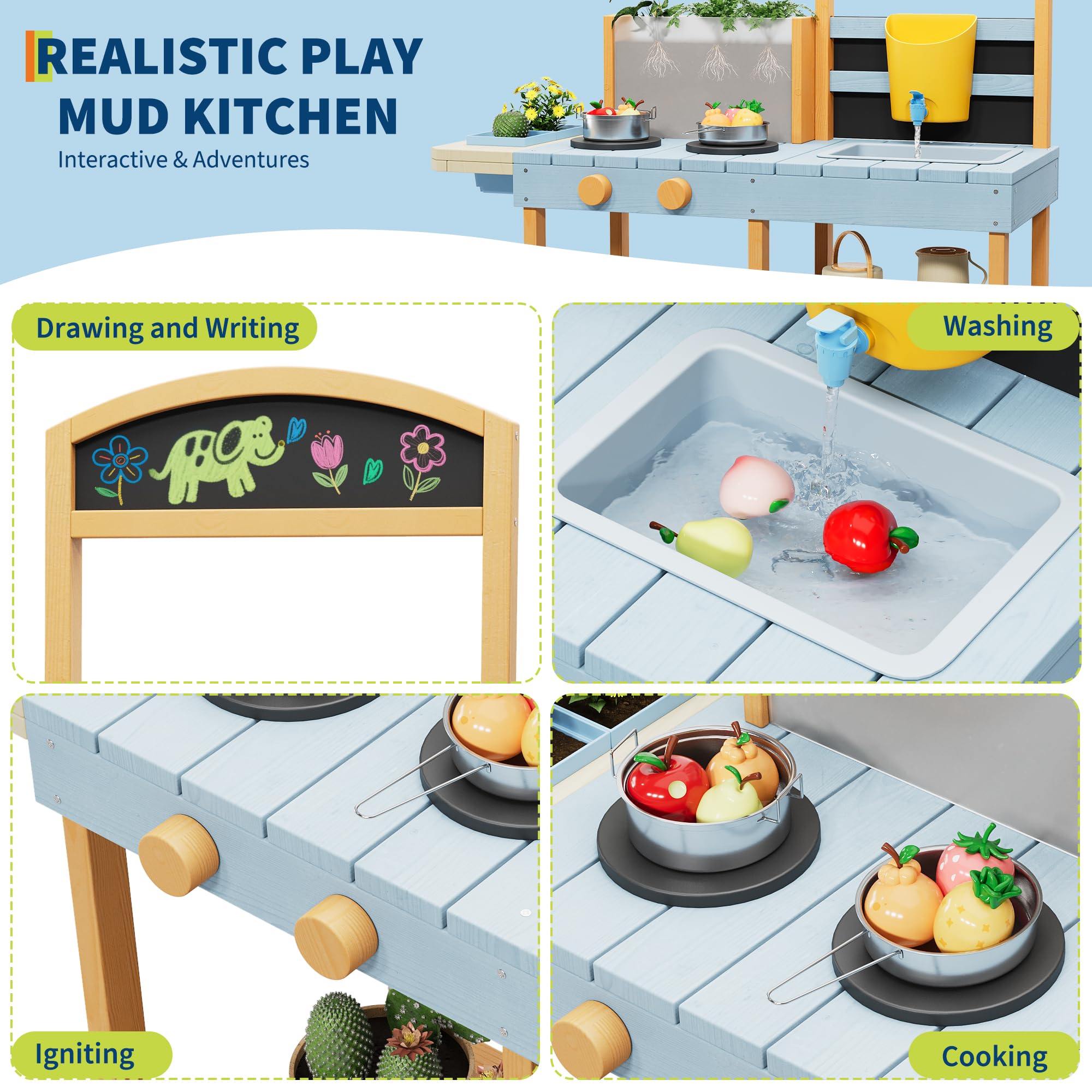 2-in-1 Outdoor Holz-Matschküche für Kinder ab 3 Jahren – Spielküche mit Kreidetafel, abnehmbarem Waschbecken, Wasserhahn, Pflanzkasten, Aufbewahrungsregalen und Herd – Sensorik-Spielset für