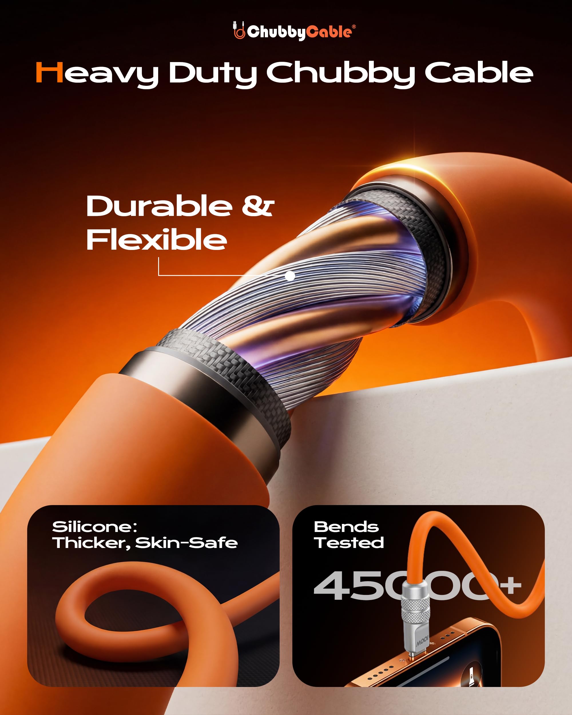 chubbycable 2-in-1 USB-C-Ladekabel für Apple Watch, 40 Minuten, 80 %, Orange, 1,2 m | All-in-One 2-in-1-Kabel mit Apple Watch Ladegerät und 100W USB C Schnellladung, ersetzt mehrere Kabel für Zuhause und Reisen