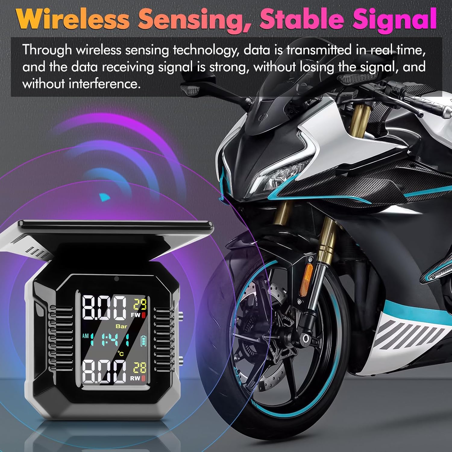 Motorcycle Tire Pressure Monitoring System, Motorcycle TPMS with 2 External Sensors, LCD Display, USB charging, IP67 Waterproof, Motorbike Tyre Temperature Alarm, Two-Wheeled Motorcycle TPMS