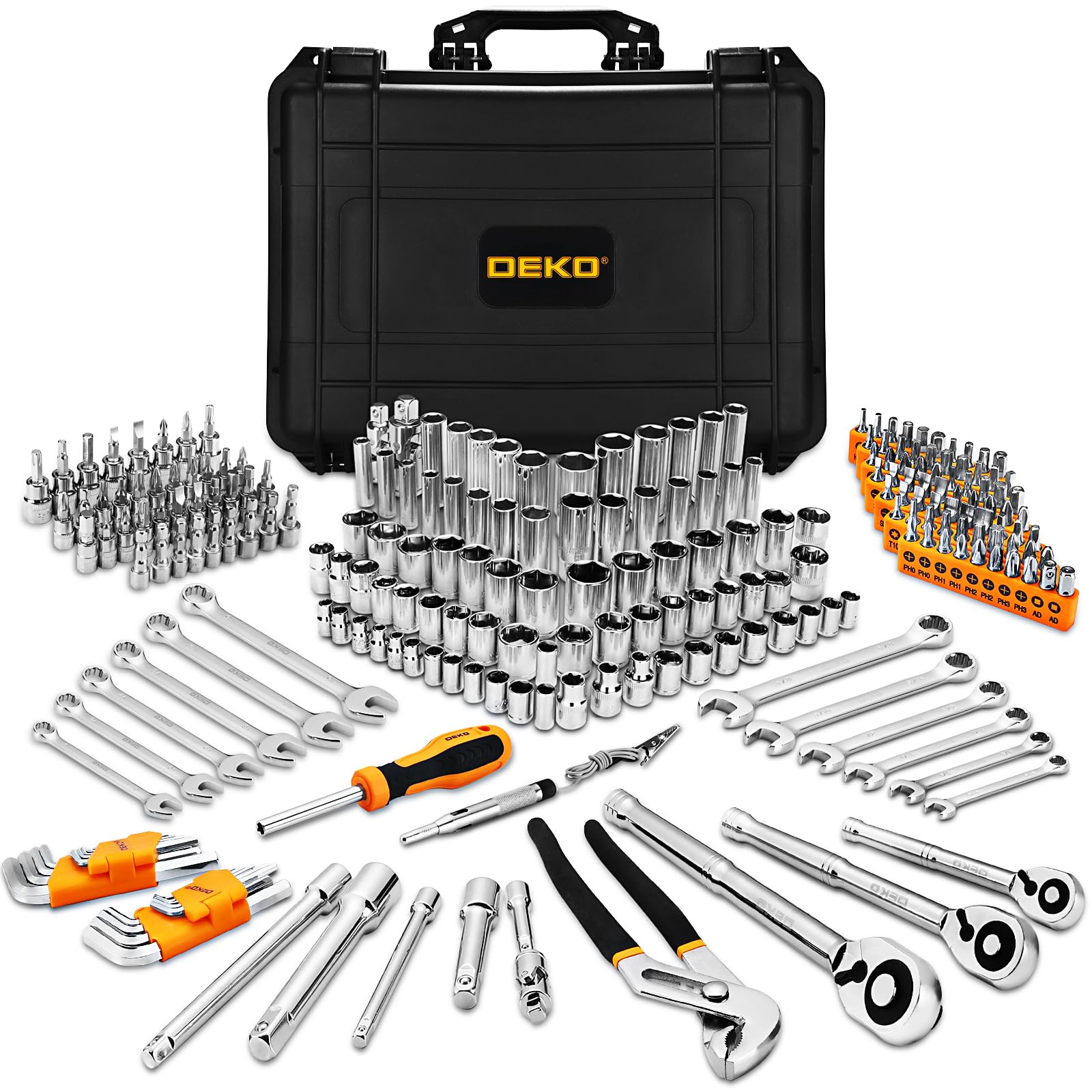 Mechanics Tool Set:DEKOPRO Mechanic Hand Tools Kit and Socket Sets, SAE and Metric, 1/2, 1/4, 3/8 Inch Ratchet Wrench, 234-Piece, Auto Tool Box Set for Car and Home Repair