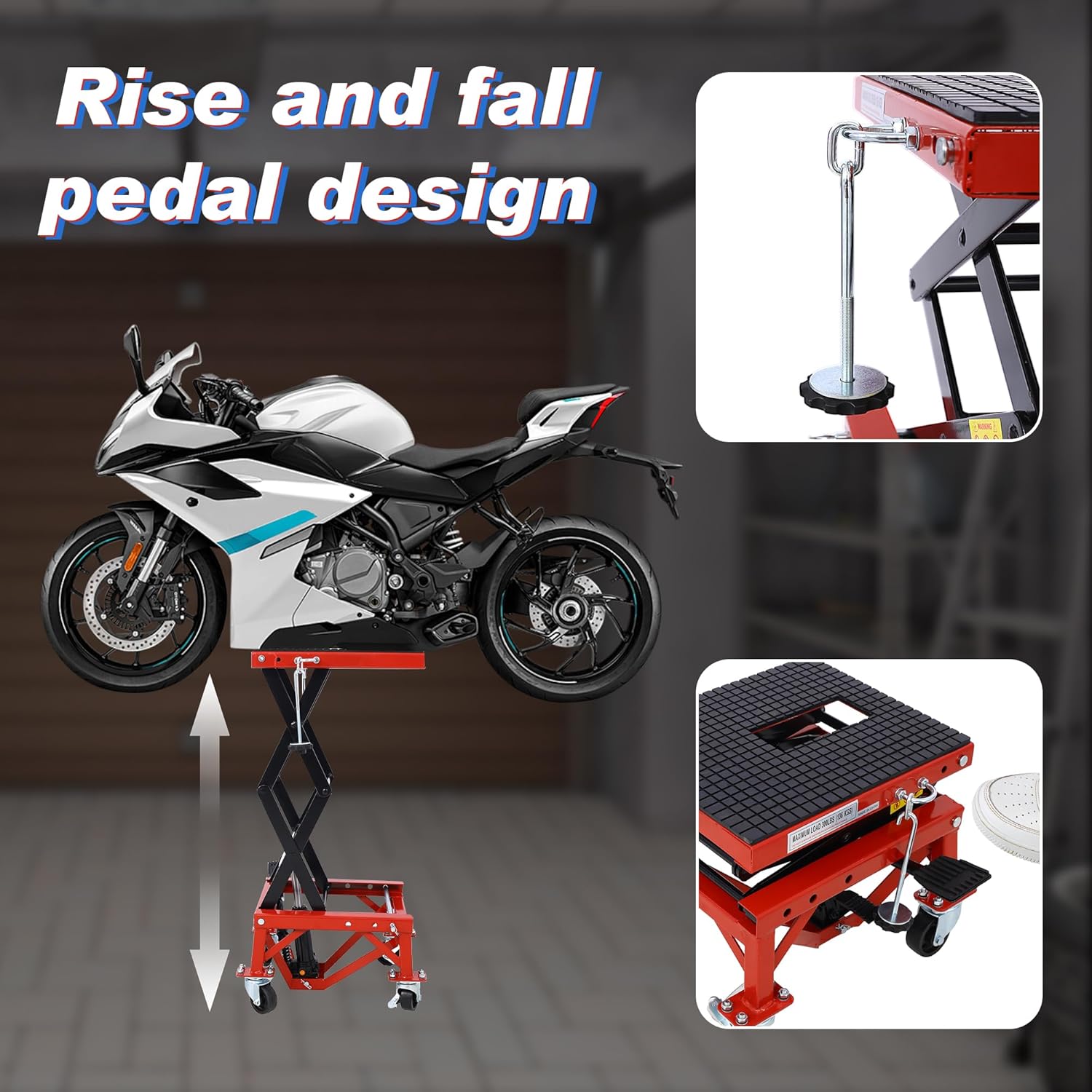 300 lbs Hydraulic Motorcycle Scissor Jack Lift – Foot Step Lever & 4 Wheels, Adjustable Height 13.4"-36.2" – Heavy-Duty Hydraulic Lift Table for Dirt Bikes, Snowmobiles, and Motorcycles (Red)