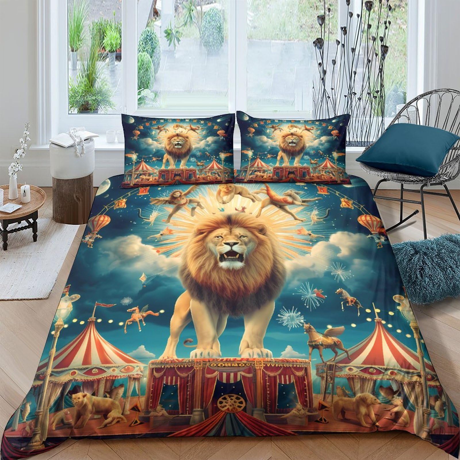 Ctjqhvkz Style-5 3D Printed Circus Lion Fitted Sheet Microfiber Orange Blue Bed Sheet For Bedroom Guestroom Mattress Protection Decor Single（135X200cm）